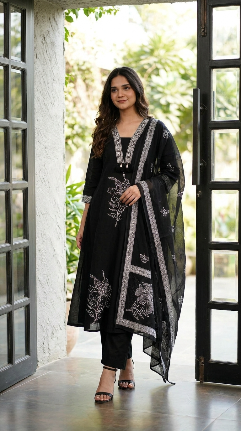 Noor Cotton Slub Printed Black 3-Piece Set (Devri – D.No 21058)