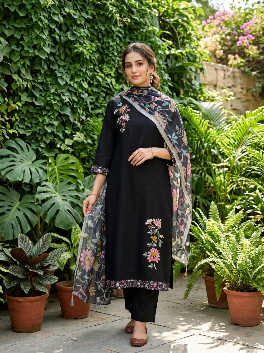 Kavyanjali Cotton Embroidered Black 3-Piece Set (Devri – D.No 21007)