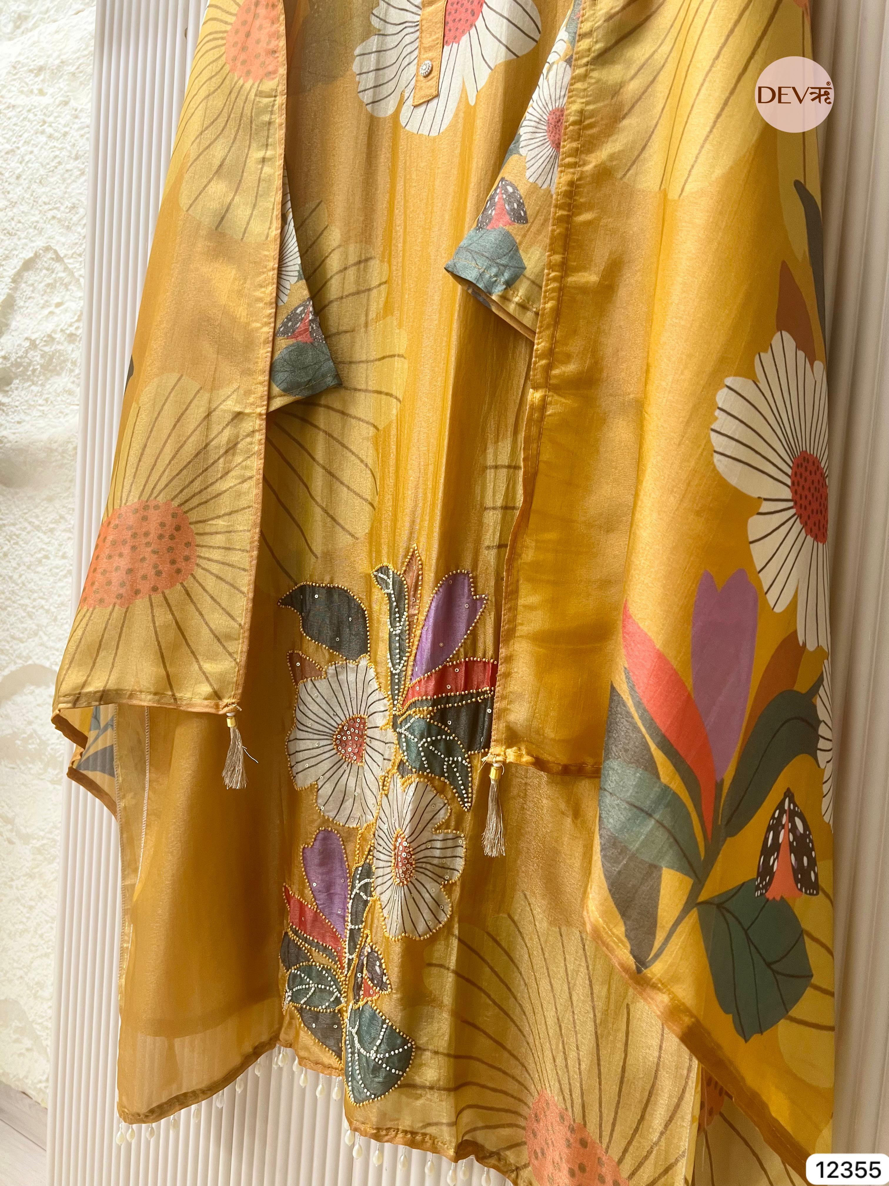 Mustard Yellow Shimmer Silk Printed Unstitched 3-Piece Suit (Devri – D.No 12355)