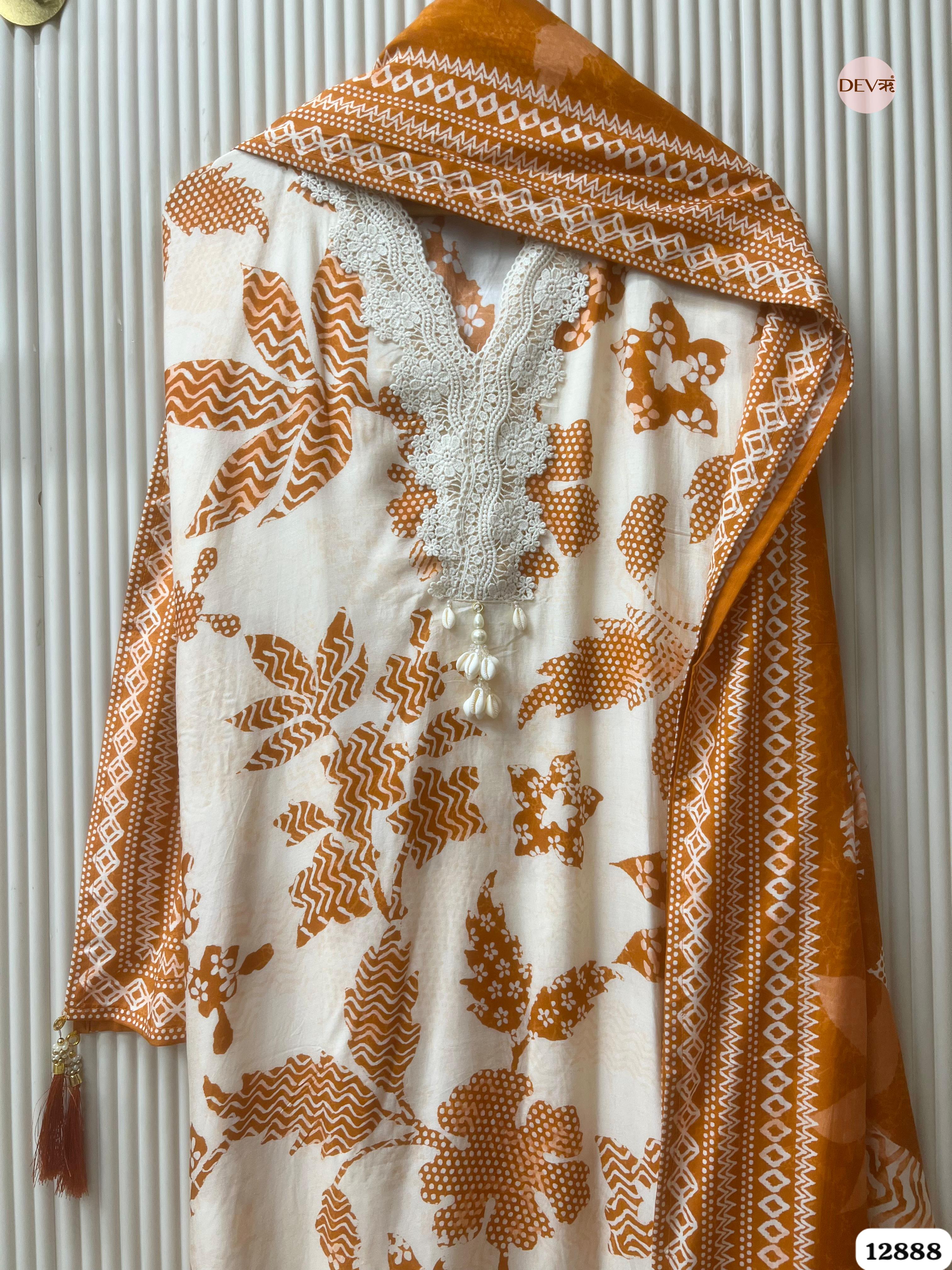 Cream Muslin Printed Unstitched 3-Piece Suit (Devri – D.No 12888)