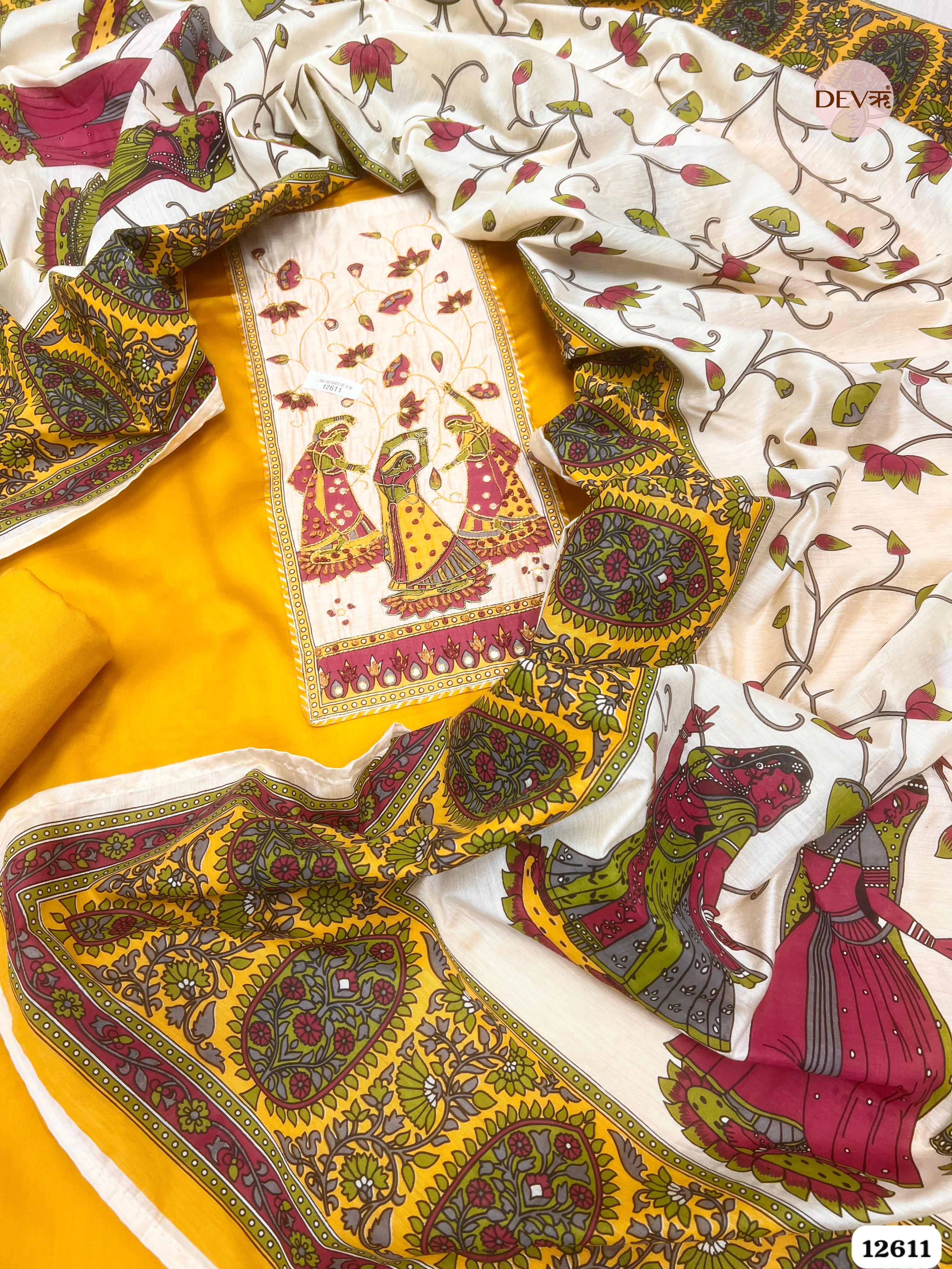 Yellow Glace Cotton Hand Painted Unstitched 3-Piece Suit (Devri – D.No 12611)