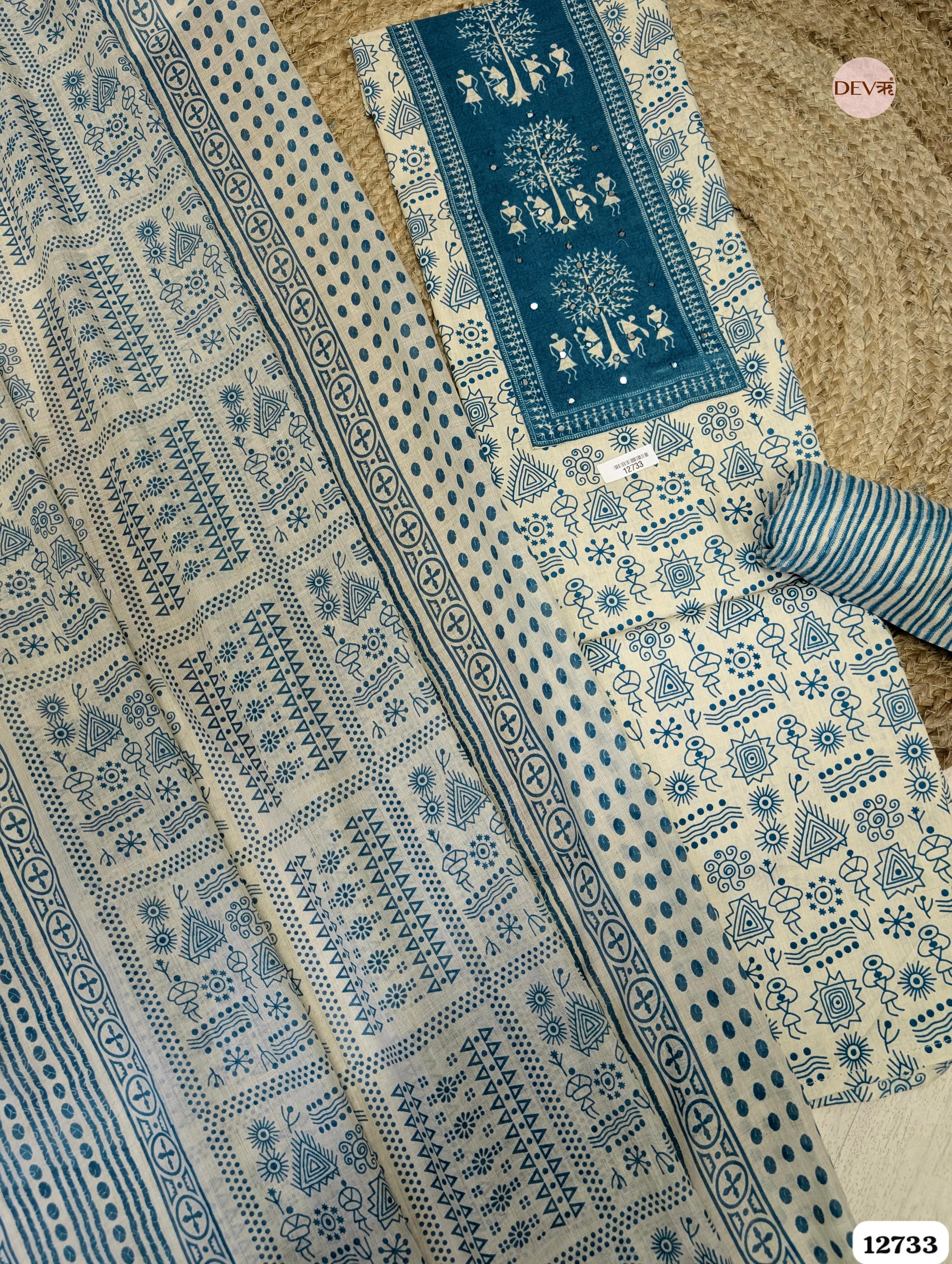 Indigo and Ivory Cotton Printed Unstitched 3-Piece Suit (Devri – D.No 12733)