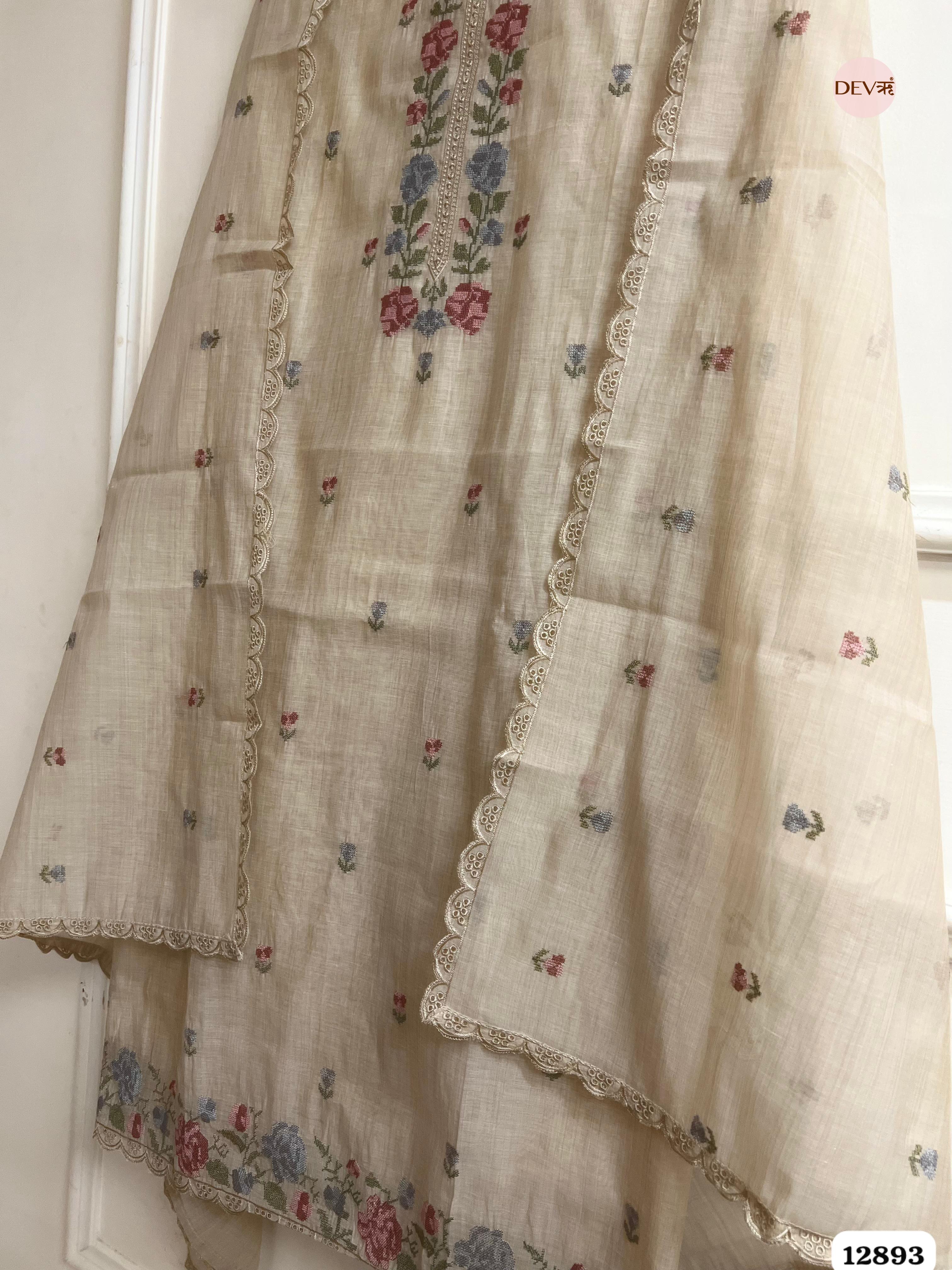 Beige Mul Chanderi Embroidered Unstitched 3-Piece Suit (Devri – D.No 12893)