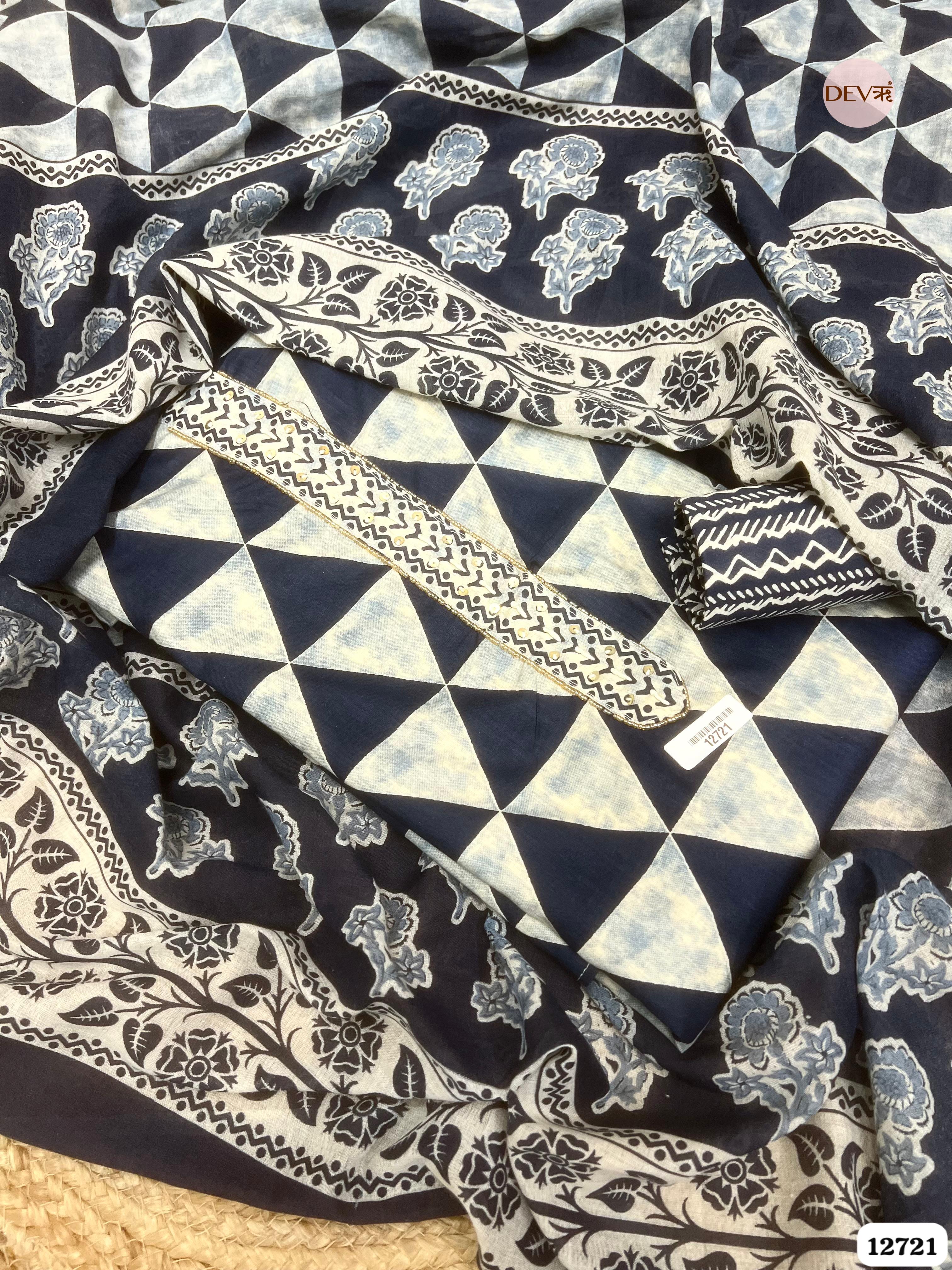 Indigo Cotton Printed Unstitched 3-Piece Suit (Devri – D.No 12721)