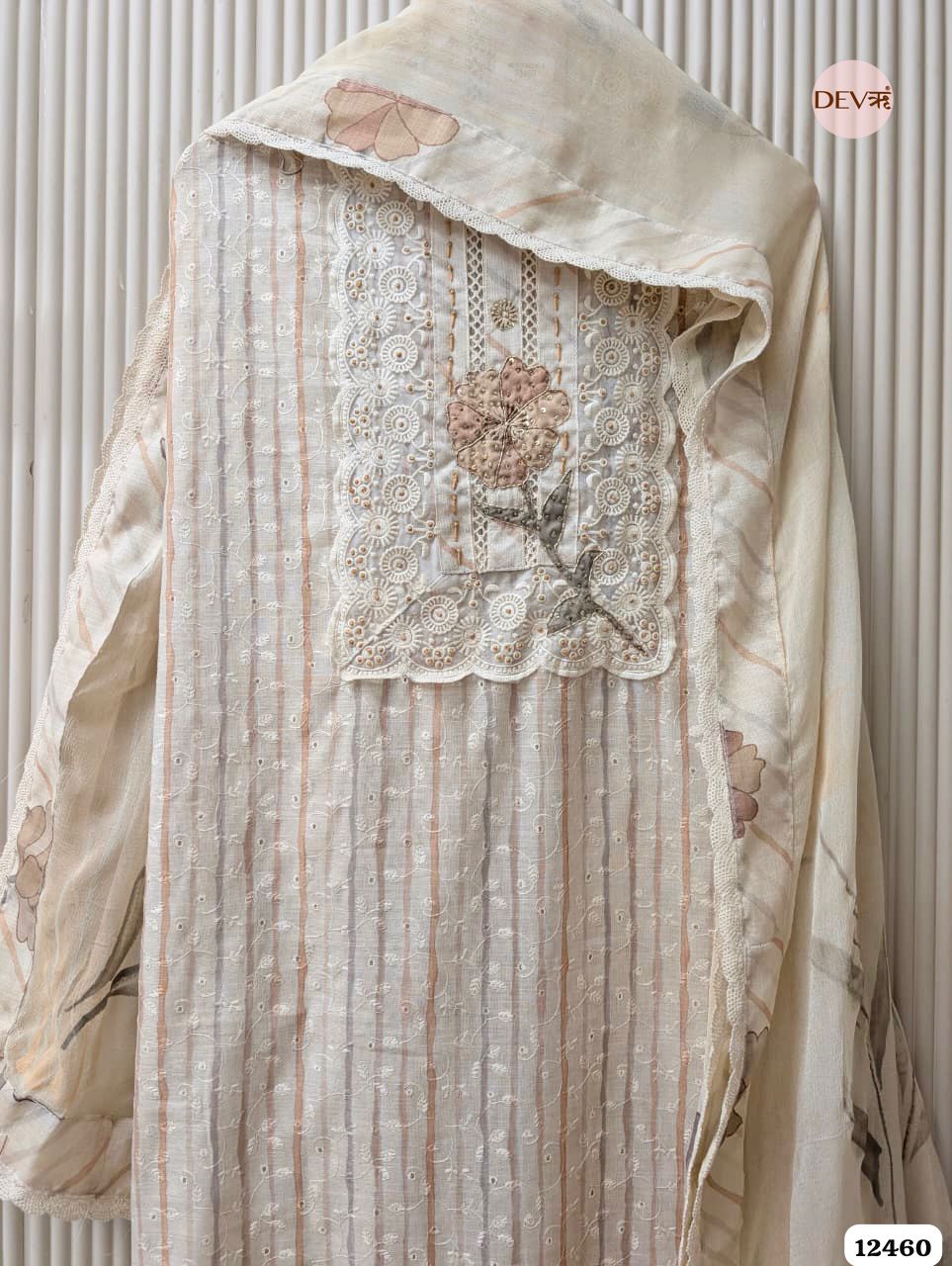 Beige & Mauve Pure Linen Embroidered Unstitched 3-Piece Suit (Devri – D.No 12460)