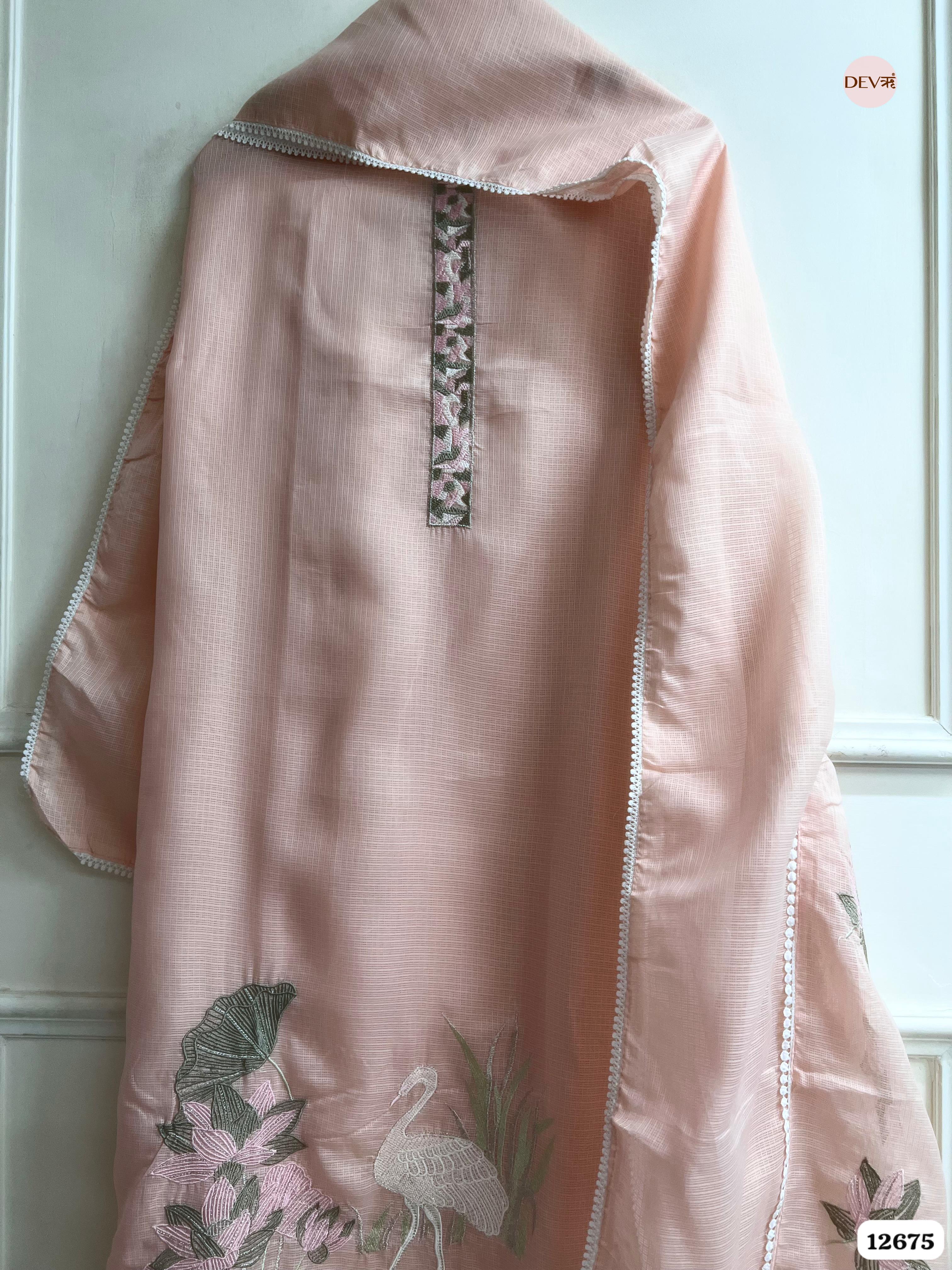 Peach Kota Embroidered Unstitched 3-Piece Suit (Devri – D.No 12675)