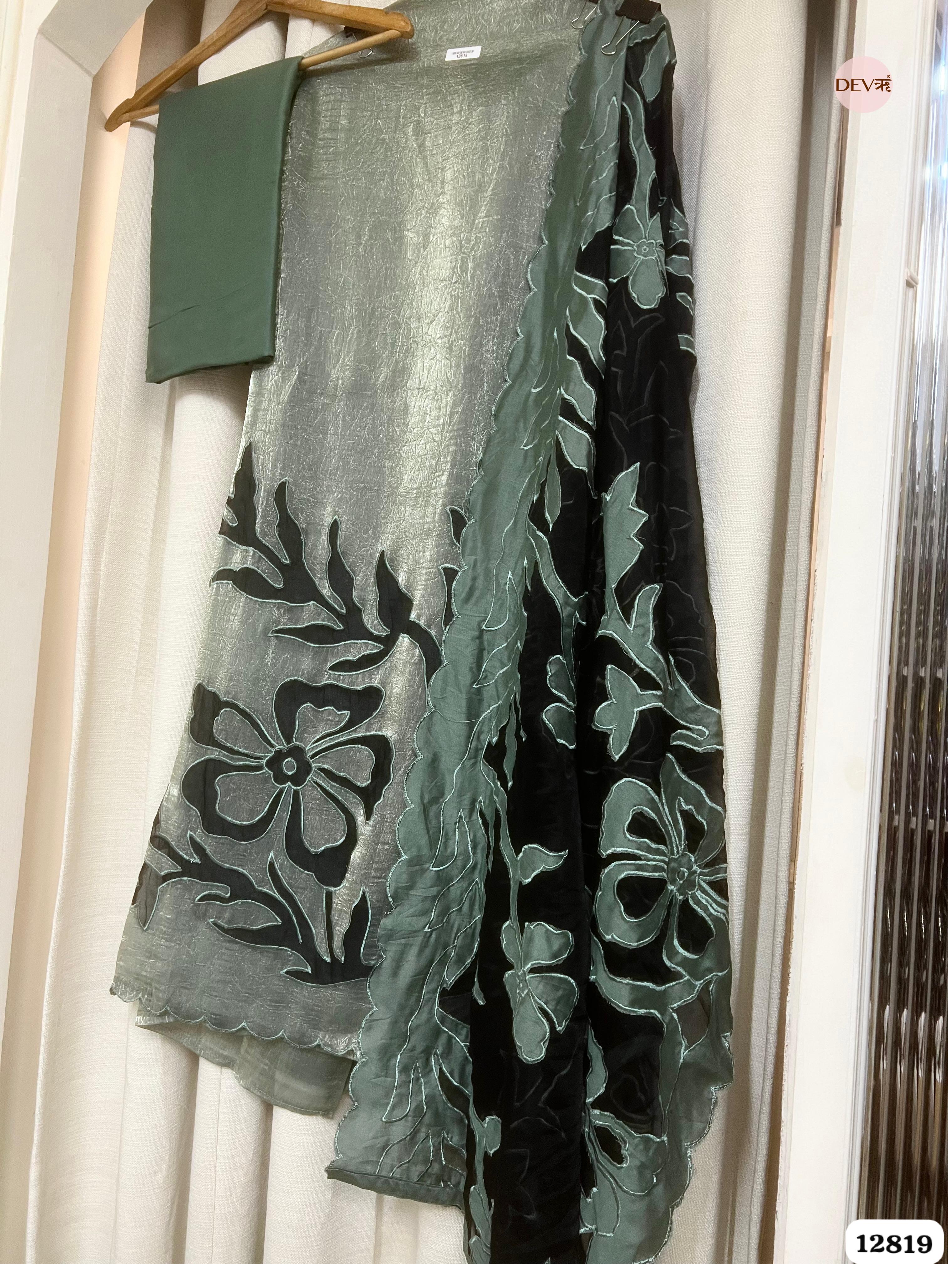 Green Crush Tissue Silk Embroidered Unstitched 3-Piece Suit (Devri – D.No 12819)