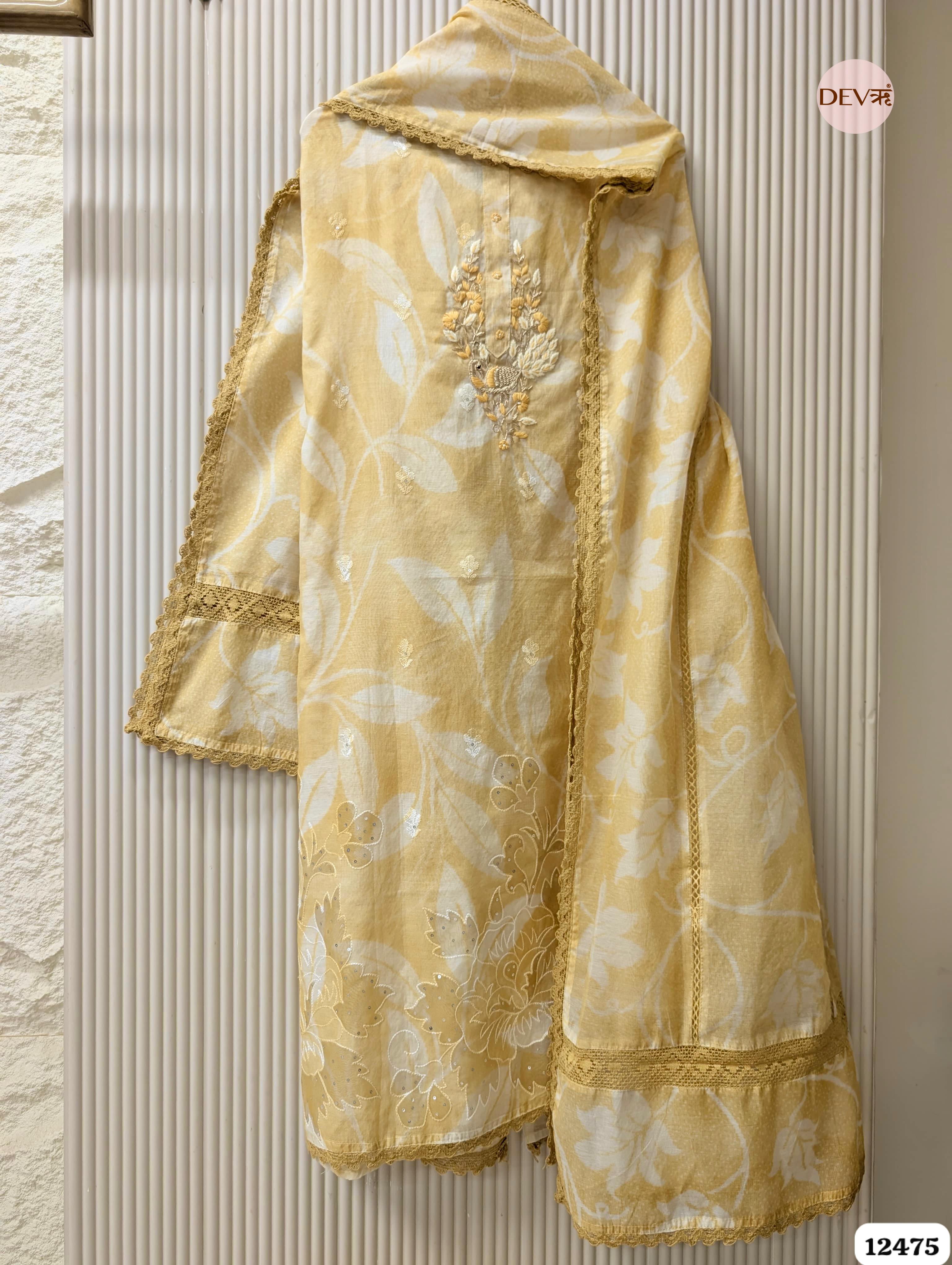 Soft Mustard Mul Chanderi Embroidered Unstitched 3-Piece Suit (Devri – D.No. 12475)