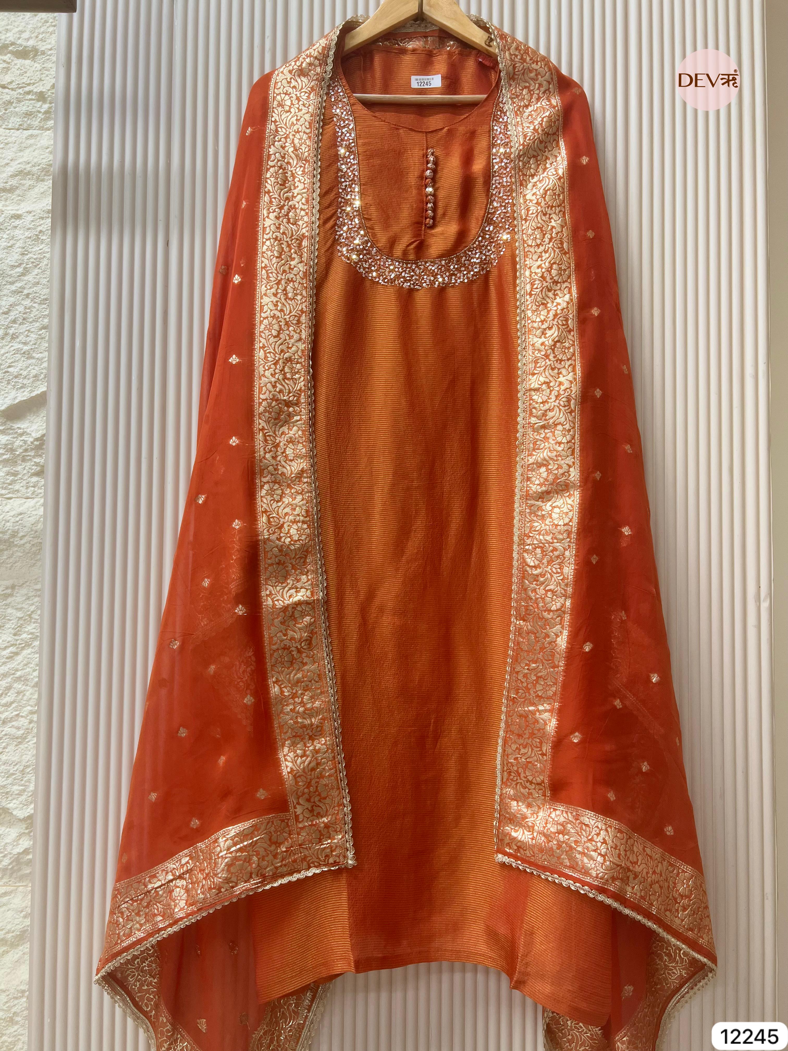 Rust Tissue Shimmer Silk Embroidered Unstitched 3-Piece Suit (Devri – D.No 12245)