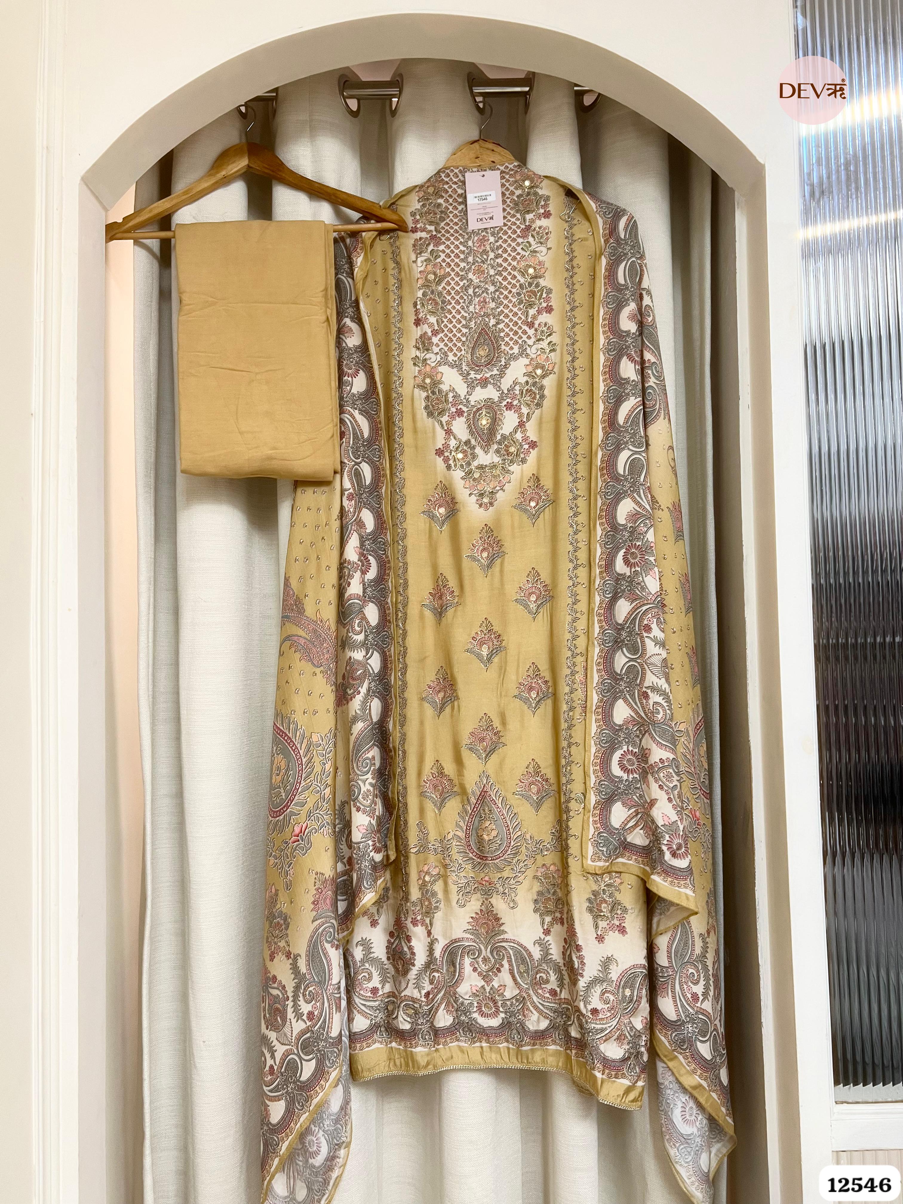 Mustard Muslin Embroidered Unstitched 3-Piece Suit (Devri – D.No 12546)