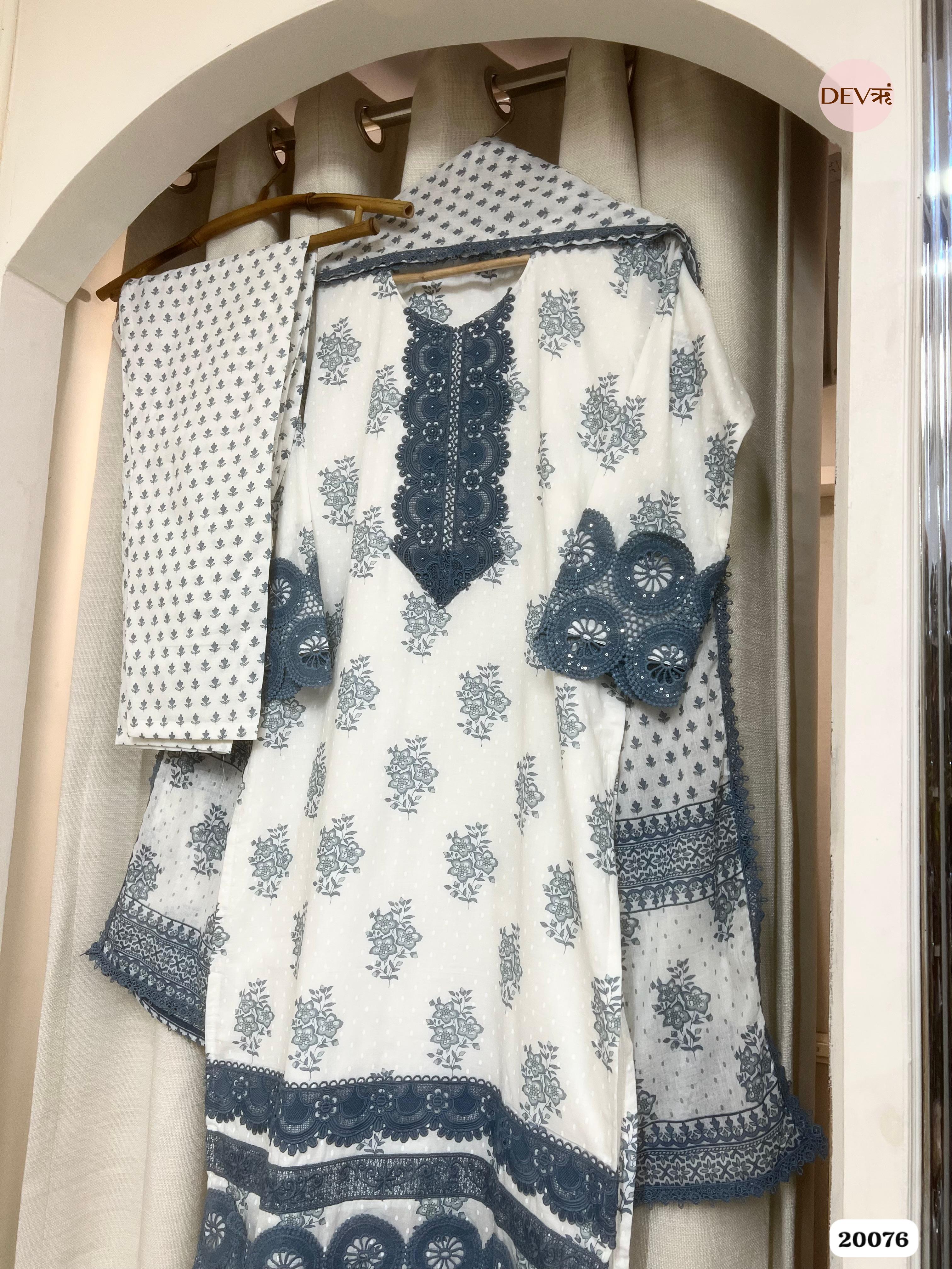 Meher Cotton Printed Slate Blue & Ivory 3-Piece Set (Devri – D.No 20076)