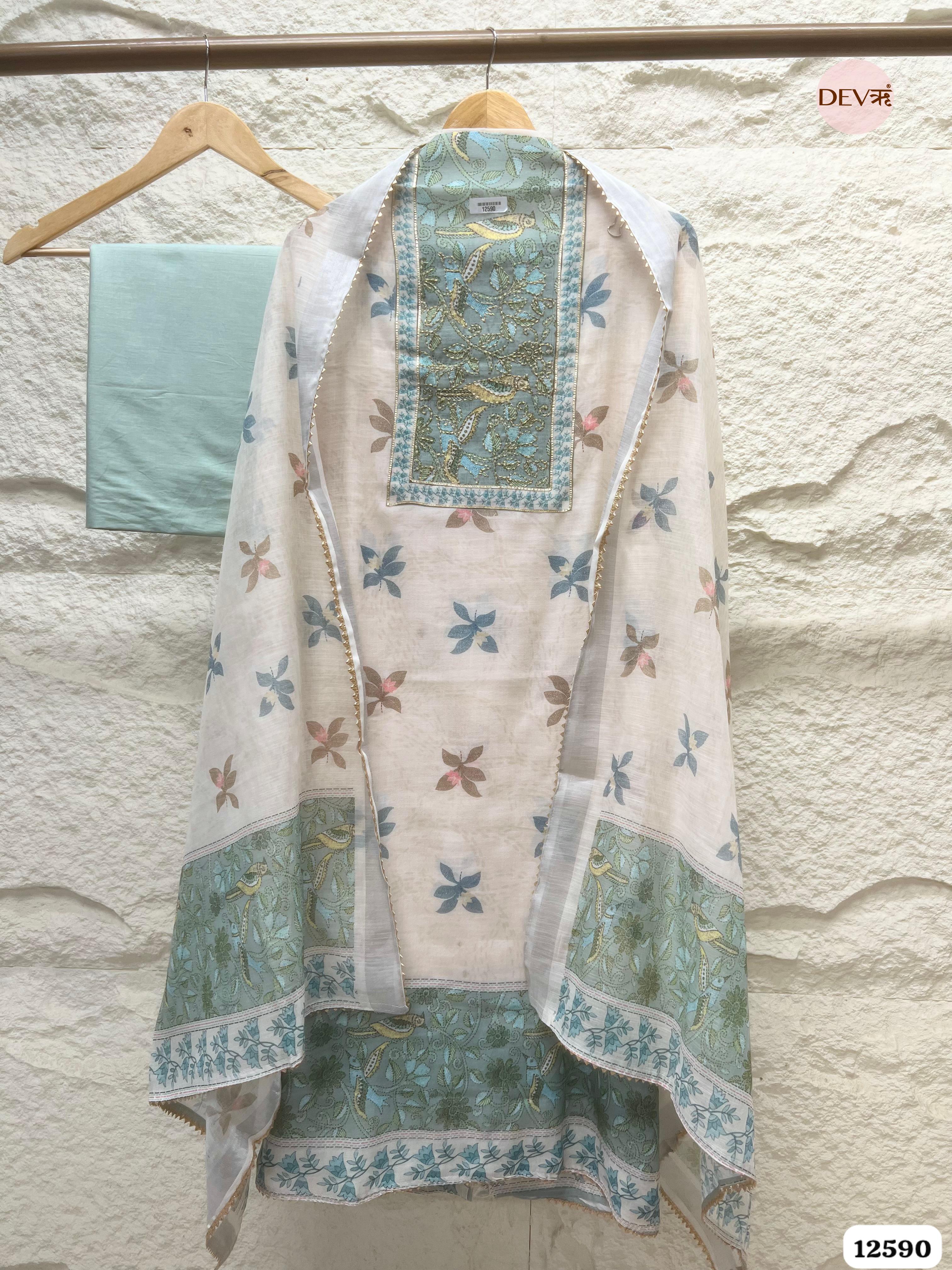 Sea Green Linen Cotton Embroidered Unstitched 3-Piece Suit (Devri – D.No 12590)