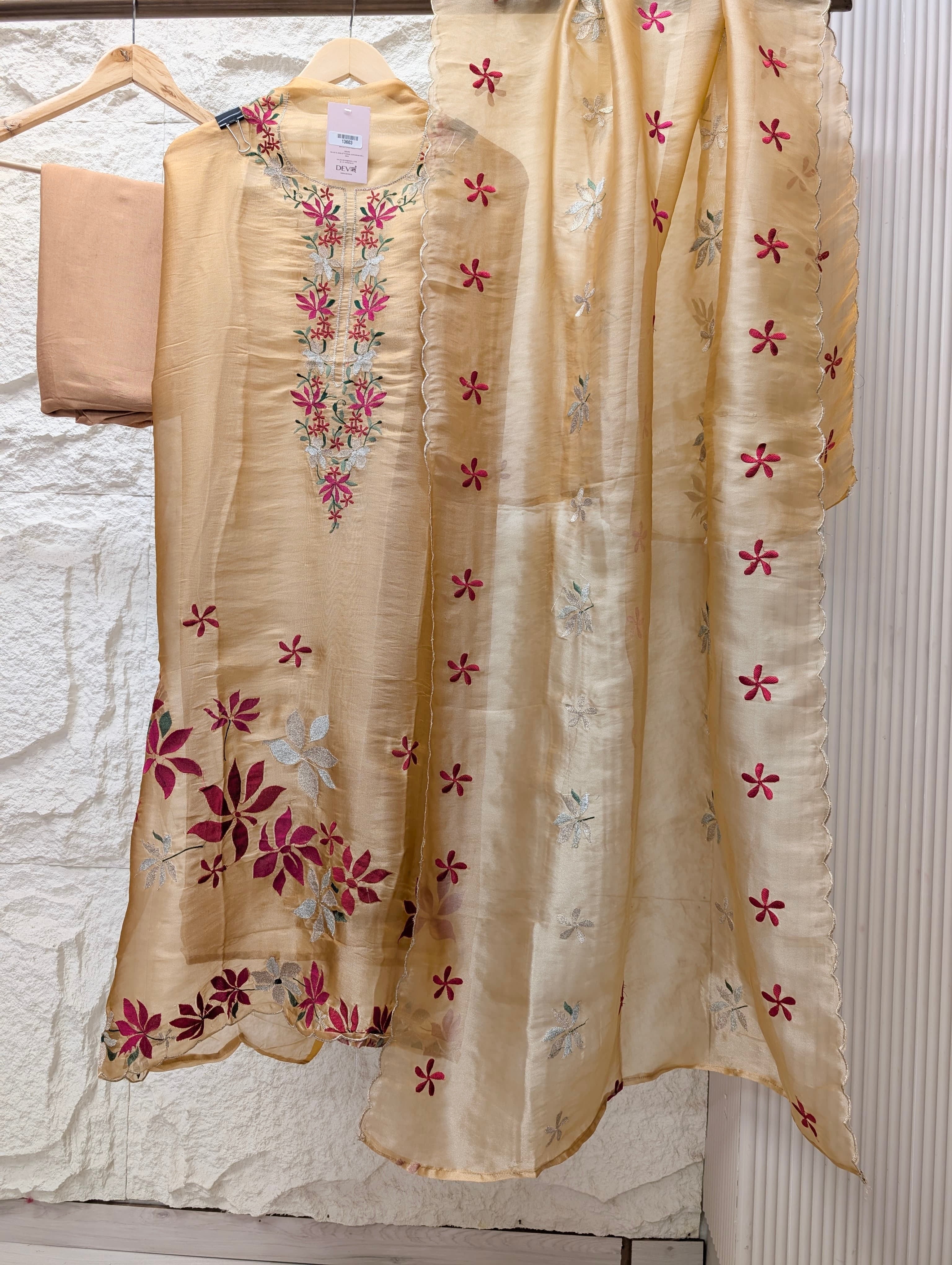 Beige Crush Tissue Silk Embroidered Unstitched 3-Piece Suit (Devri – D.No 13603)