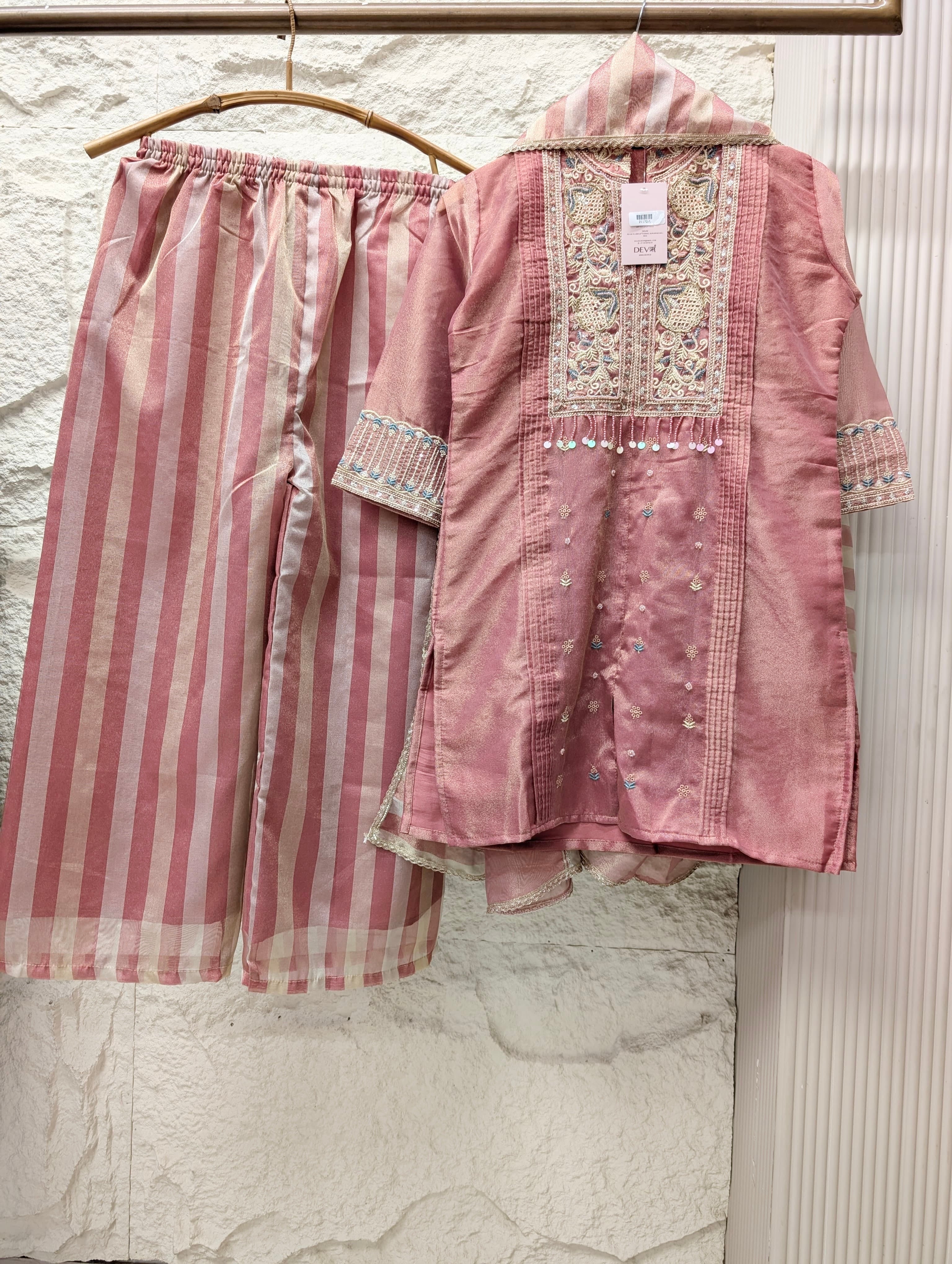Gulnaar Tissue silk Embroidered Pink 3-Piece Set (Devri – D.No 21172)