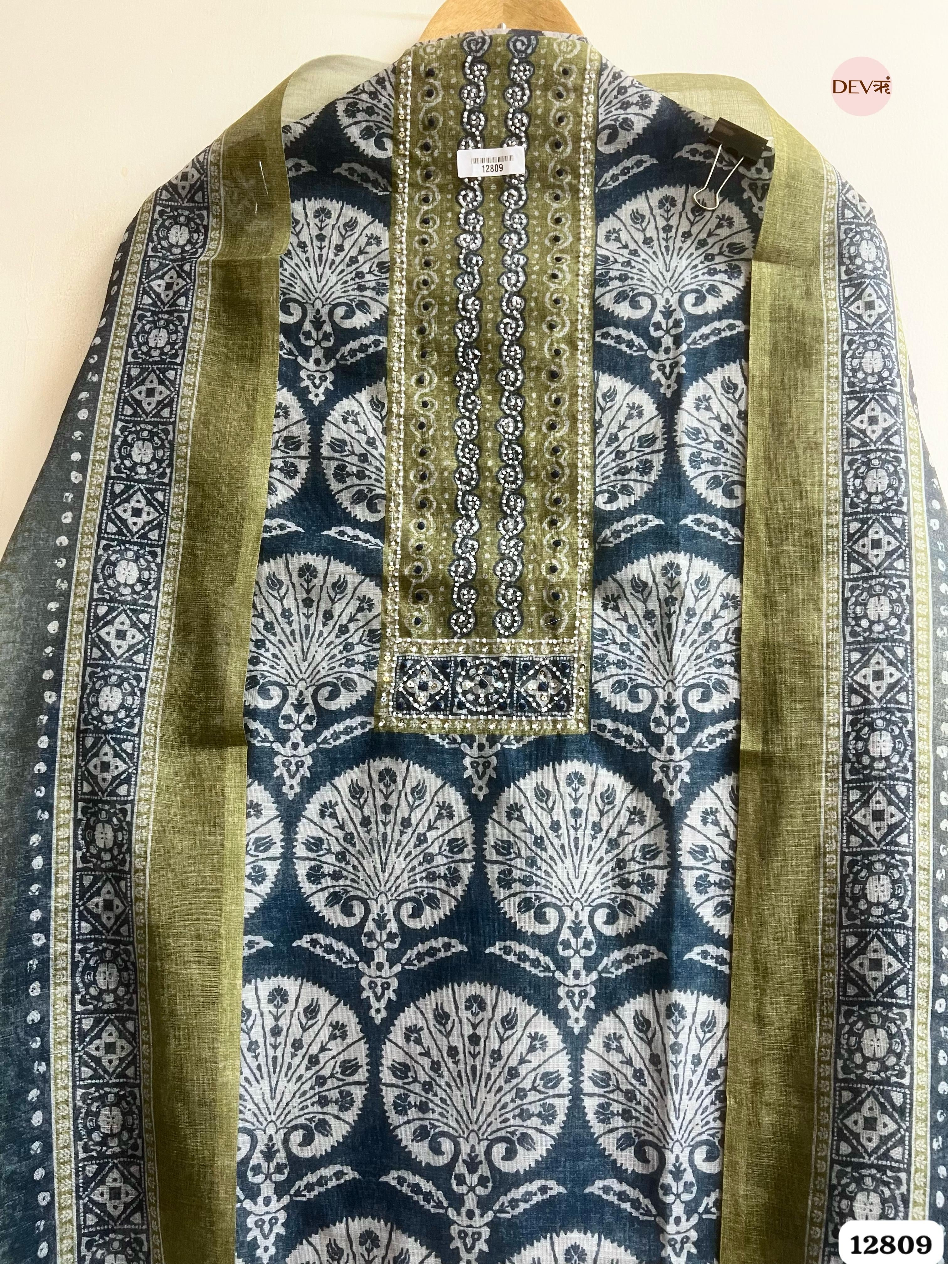 Olive Linen Cotton Printed Unstitched 3-Piece Suit (Devri – D.No 12809)