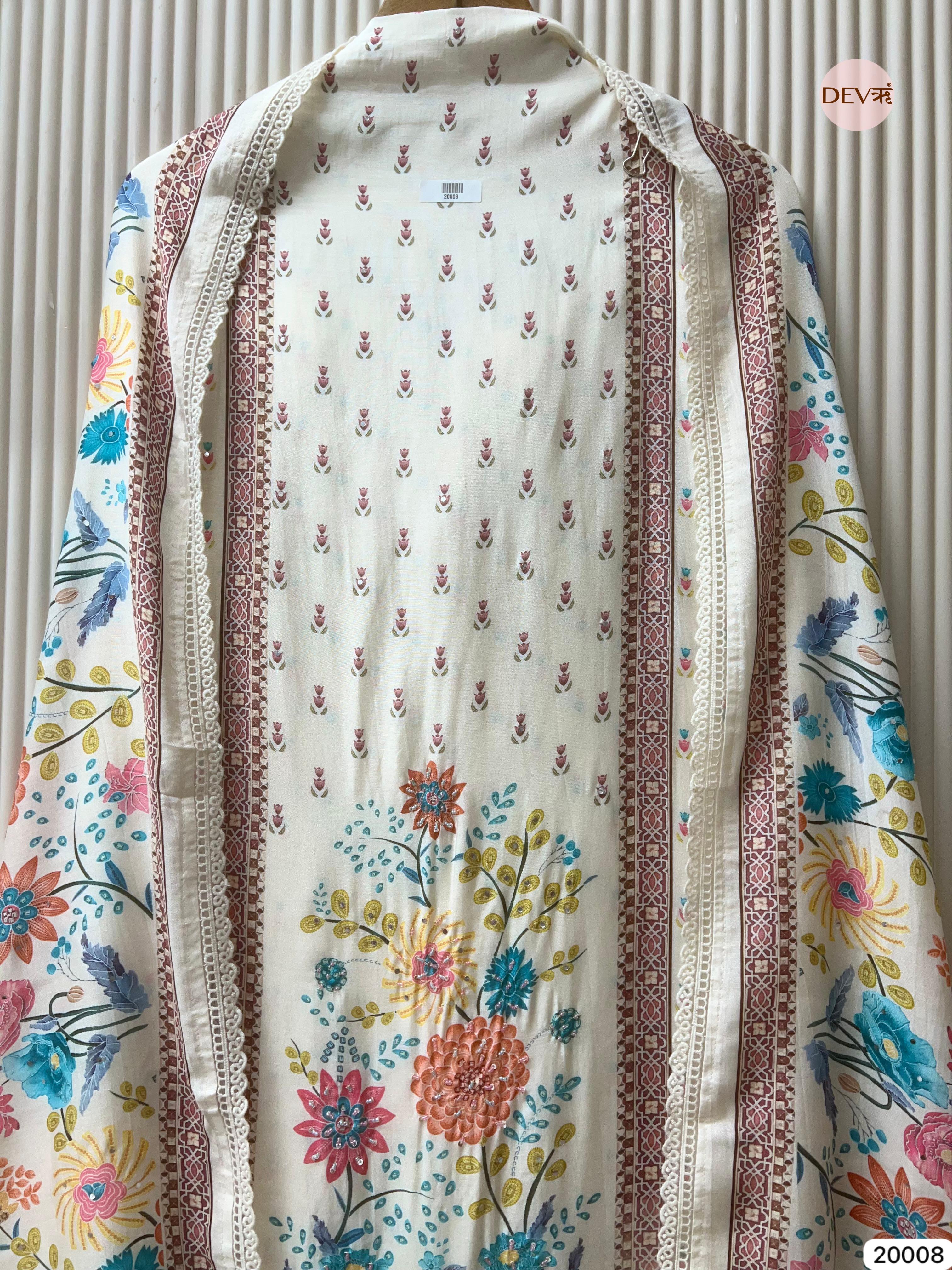 Off-White Muslin Embroidered Unstitched 3-Piece Suit (Devri – D.No 20008)