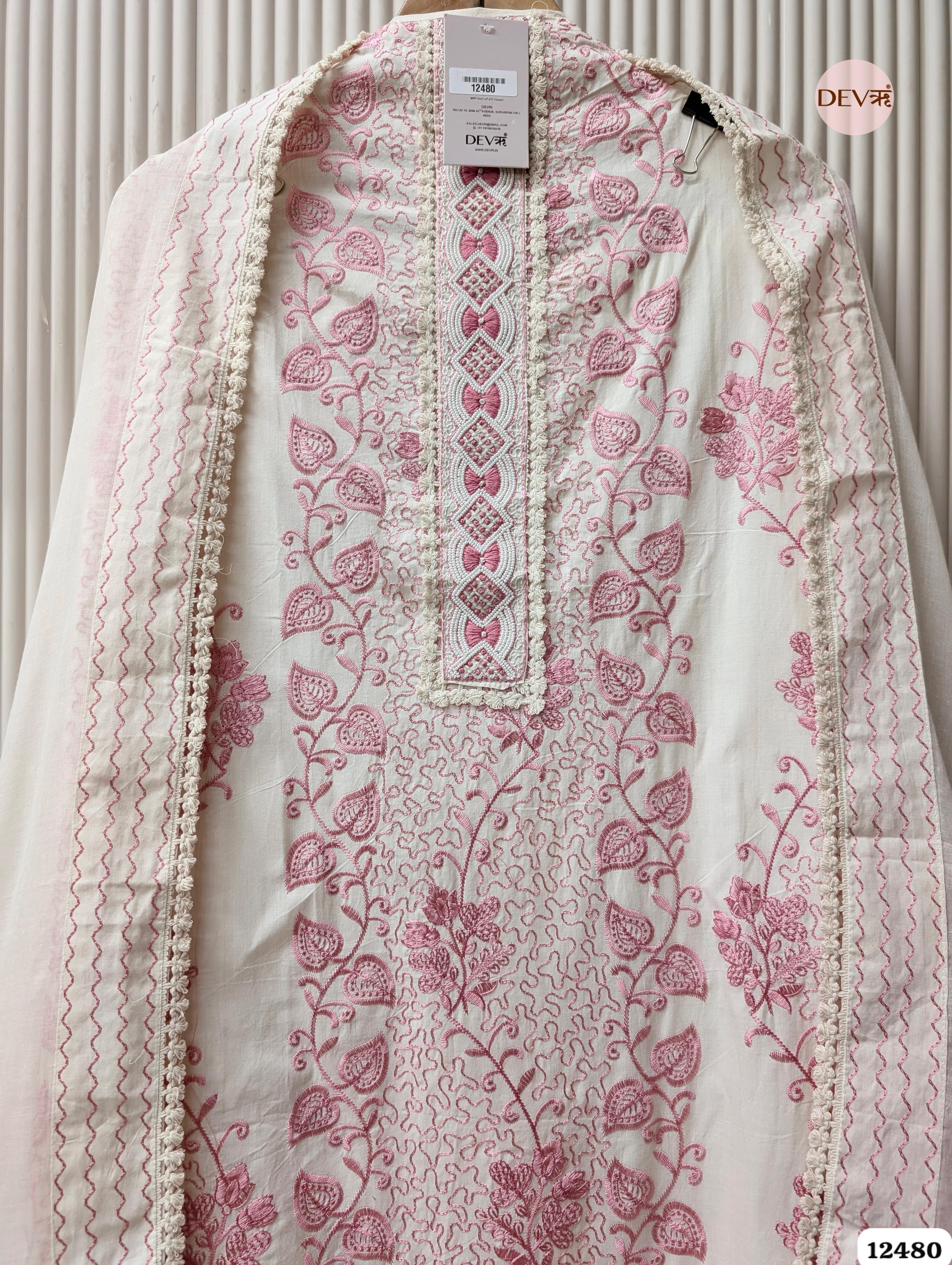 Pink & White Pure Cotton Embroidered Unstitched 3-Piece Suit (Devri – D.No 12480)