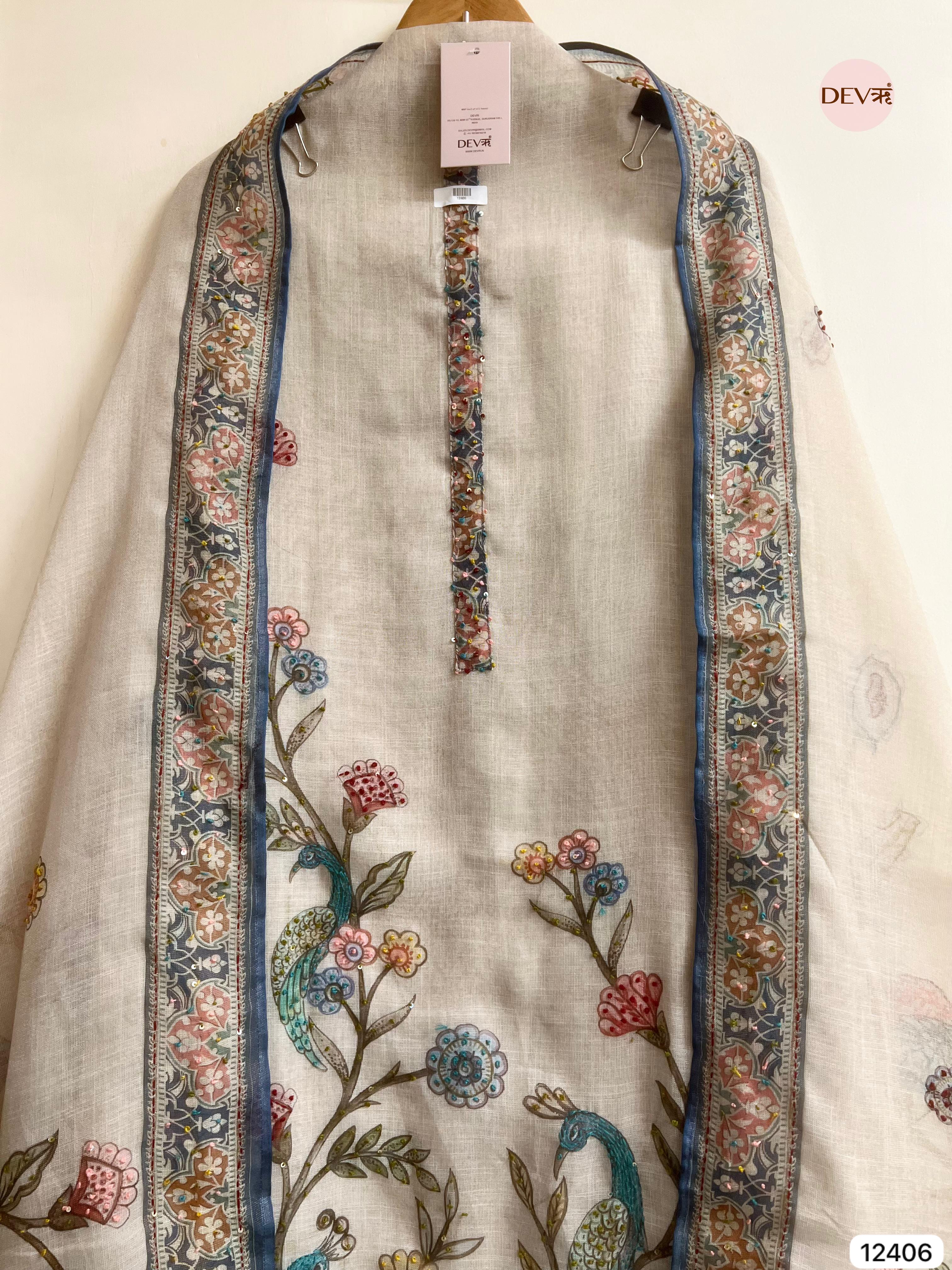 Beige Pure Linen Cotton Printed Unstitched 3-Piece Suit (Devri – D.No 12406)