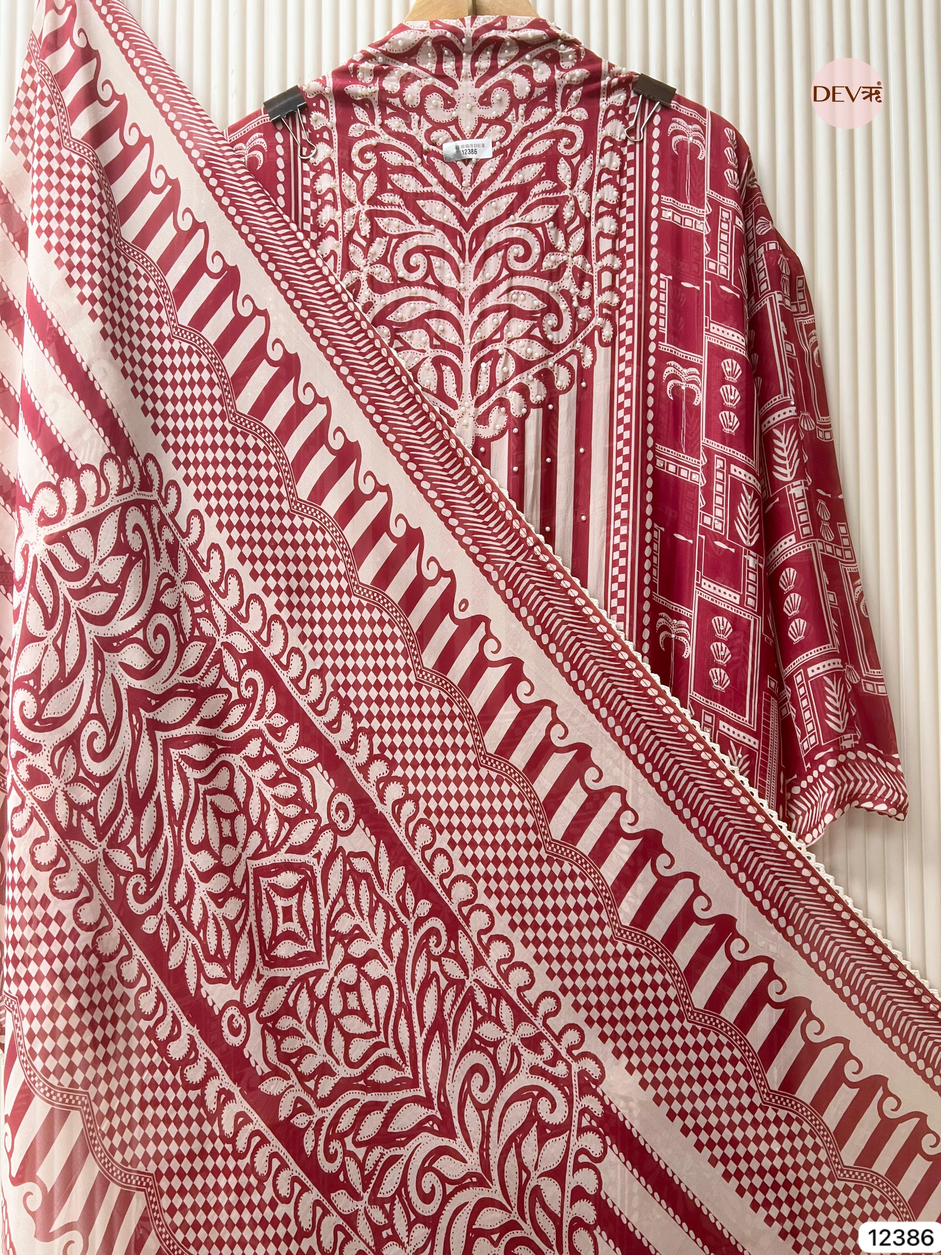 Maroon and White Organza Printed Unstitched 3-Piece Suit (Devri – D.No 12386)