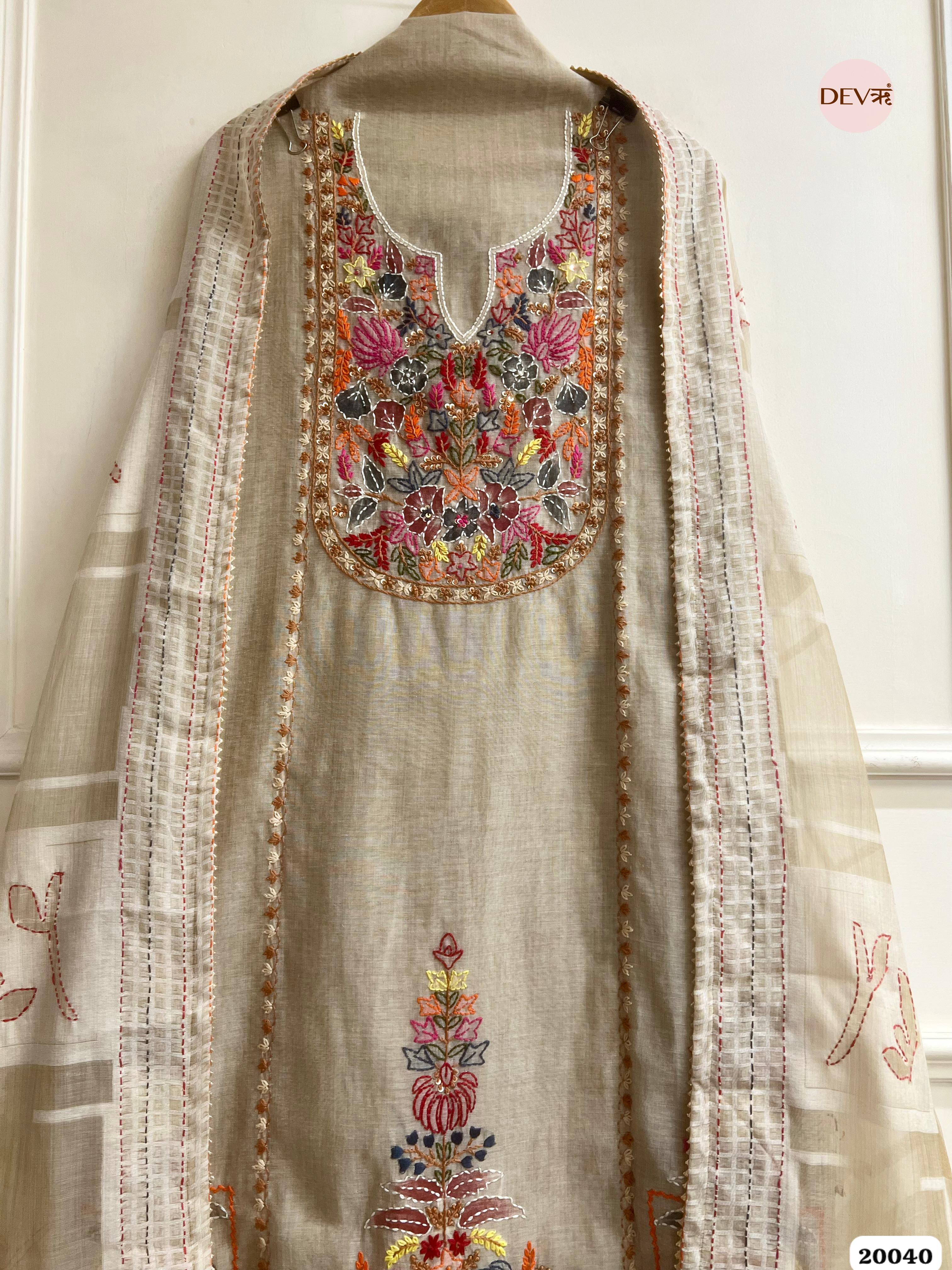Beige Mul Chanderi Embroidered Unstitched 3-Piece Suit (Devri – D.No. 20040)