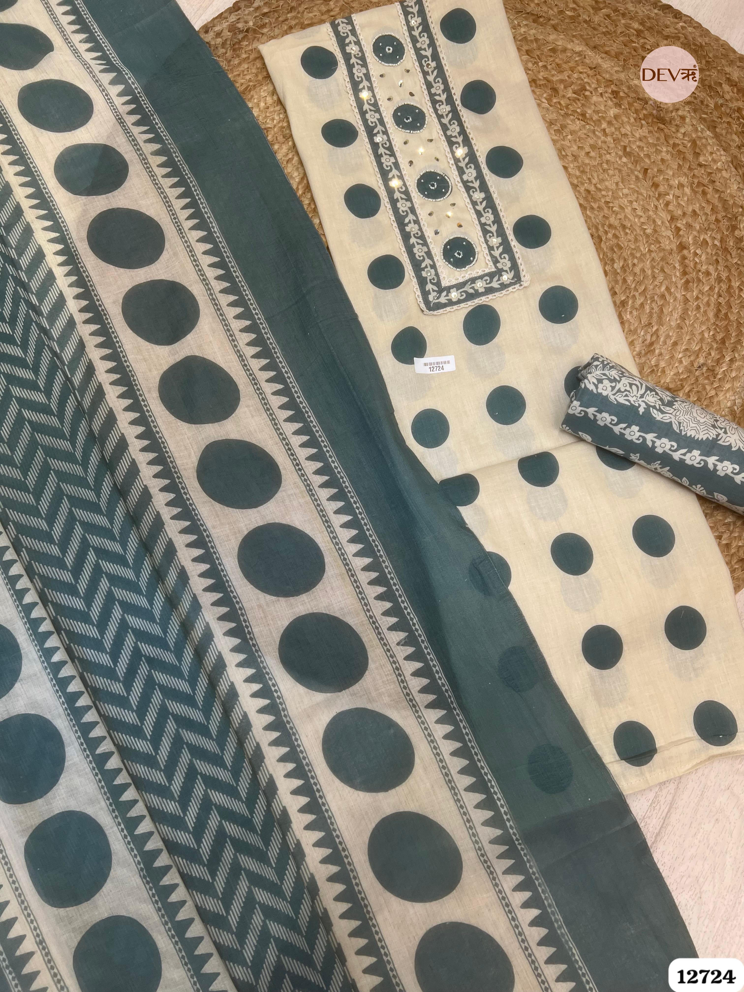 Teal Blue Cotton Printed Unstitched 3-Piece Suit (Devri – D.No 12724)