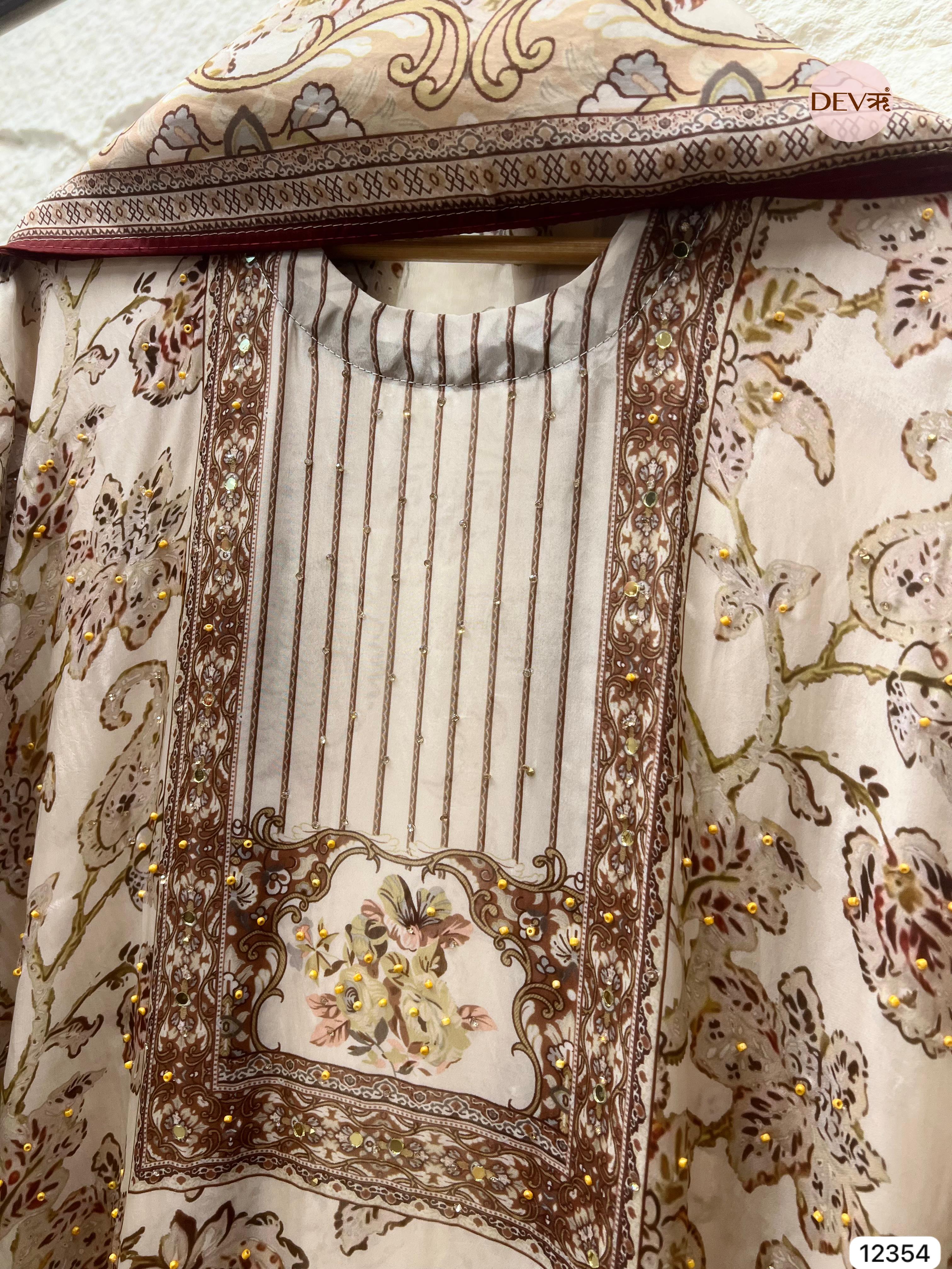 Ivory Organza Silk Printed Unstitched 3-Piece Suit (Devri – D.No 12354)