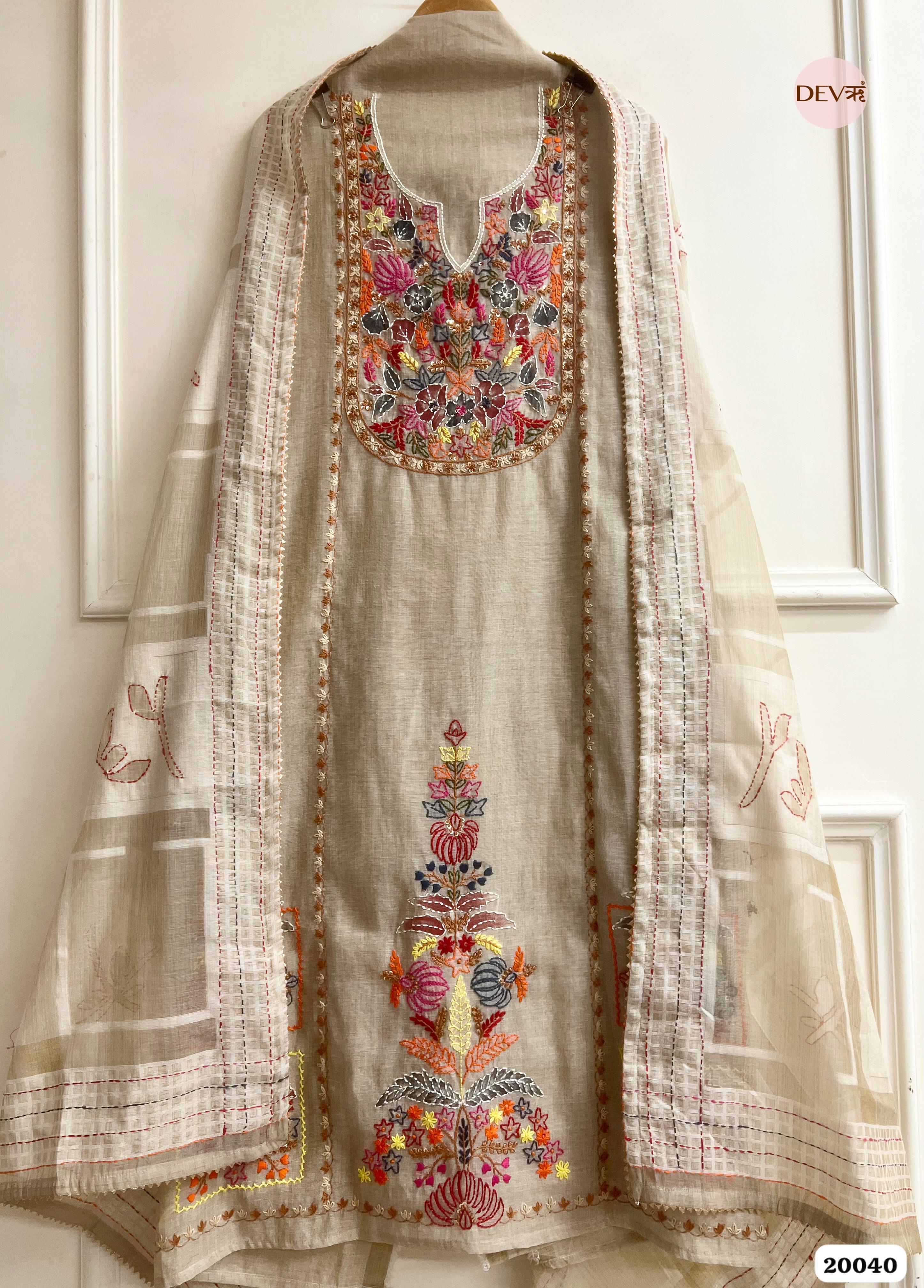 Beige Mul Chanderi Embroidered Unstitched 3-Piece Suit (Devri – D.No. 20040)