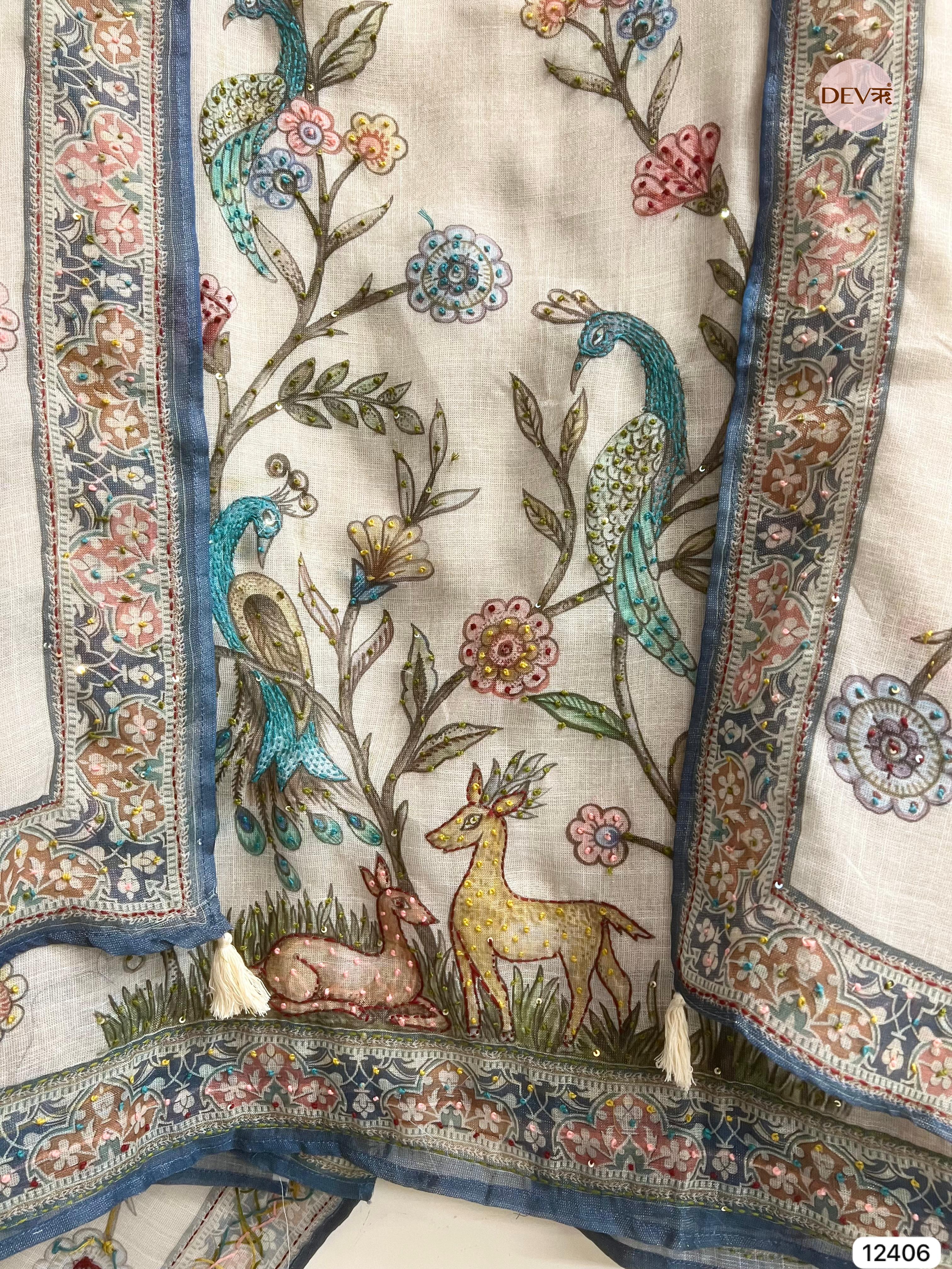 Beige Pure Linen Cotton Printed Unstitched 3-Piece Suit (Devri – D.No 12406)