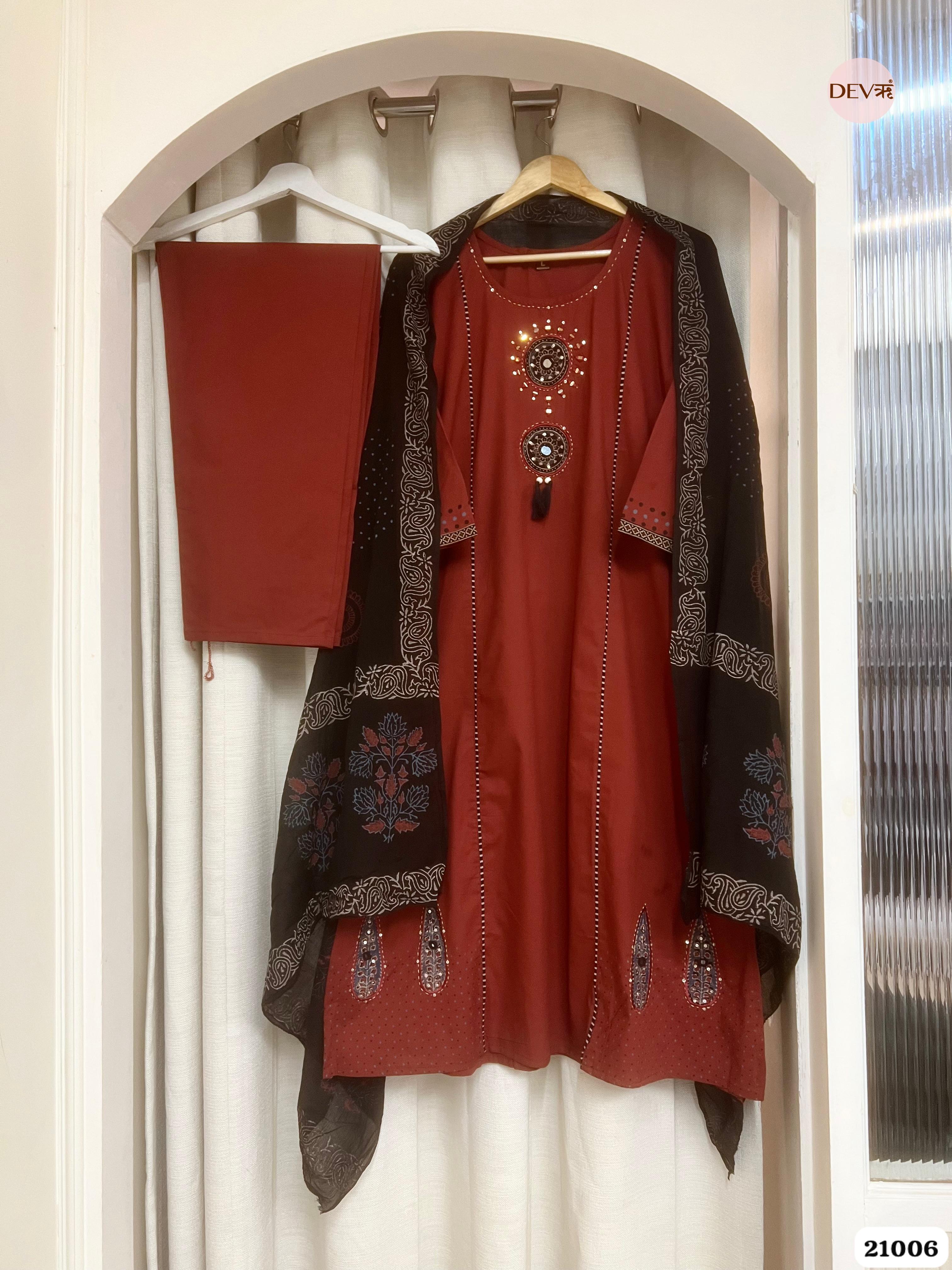 Ishani Cotton Embroidered Maroon 3-Piece Set (Devri – D.No 21006)