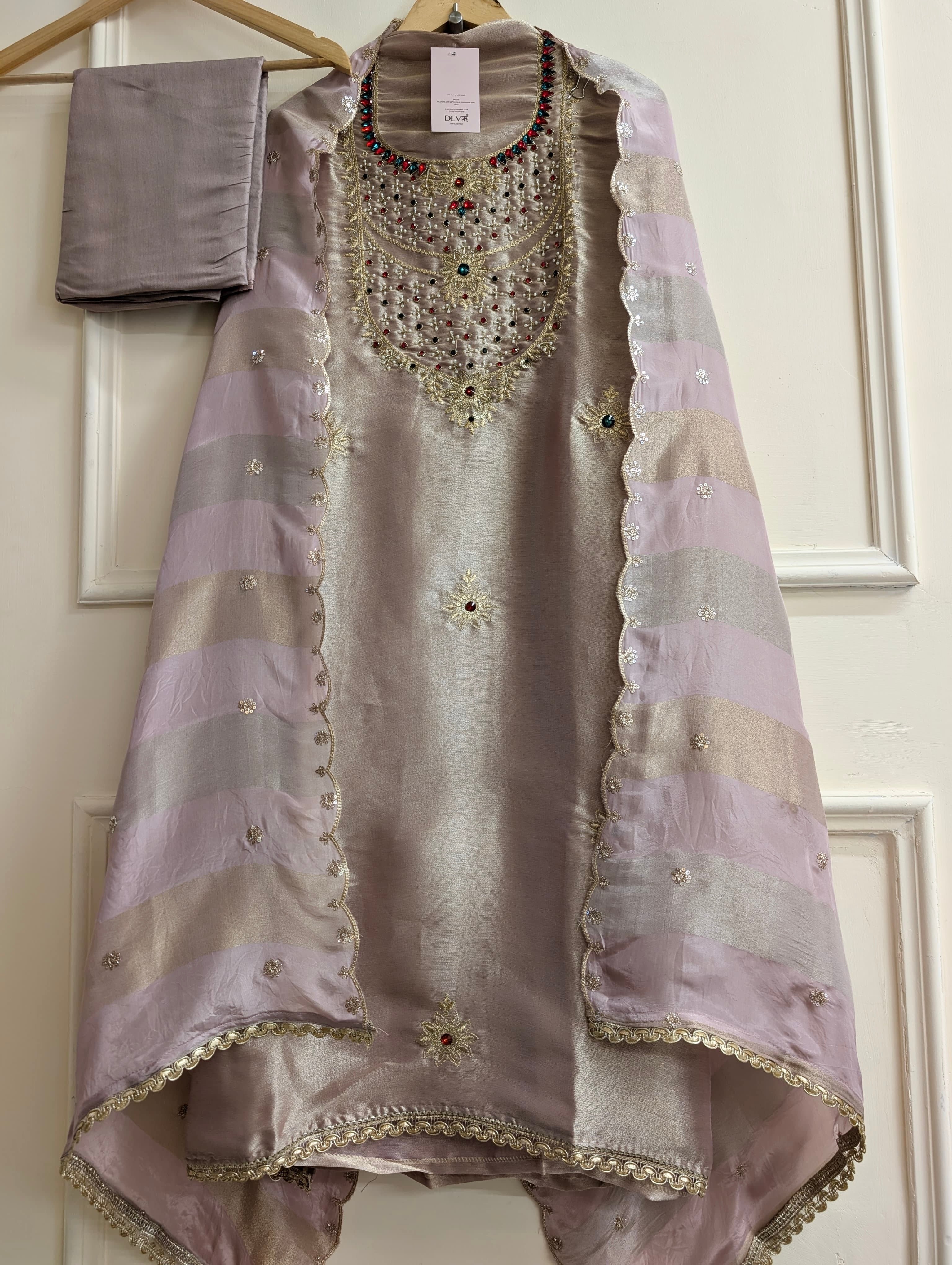Lavender Pure Tissue Giraffe Silk Embroidered Unstitched 3-Piece Suit (Devri – D.No 13811)