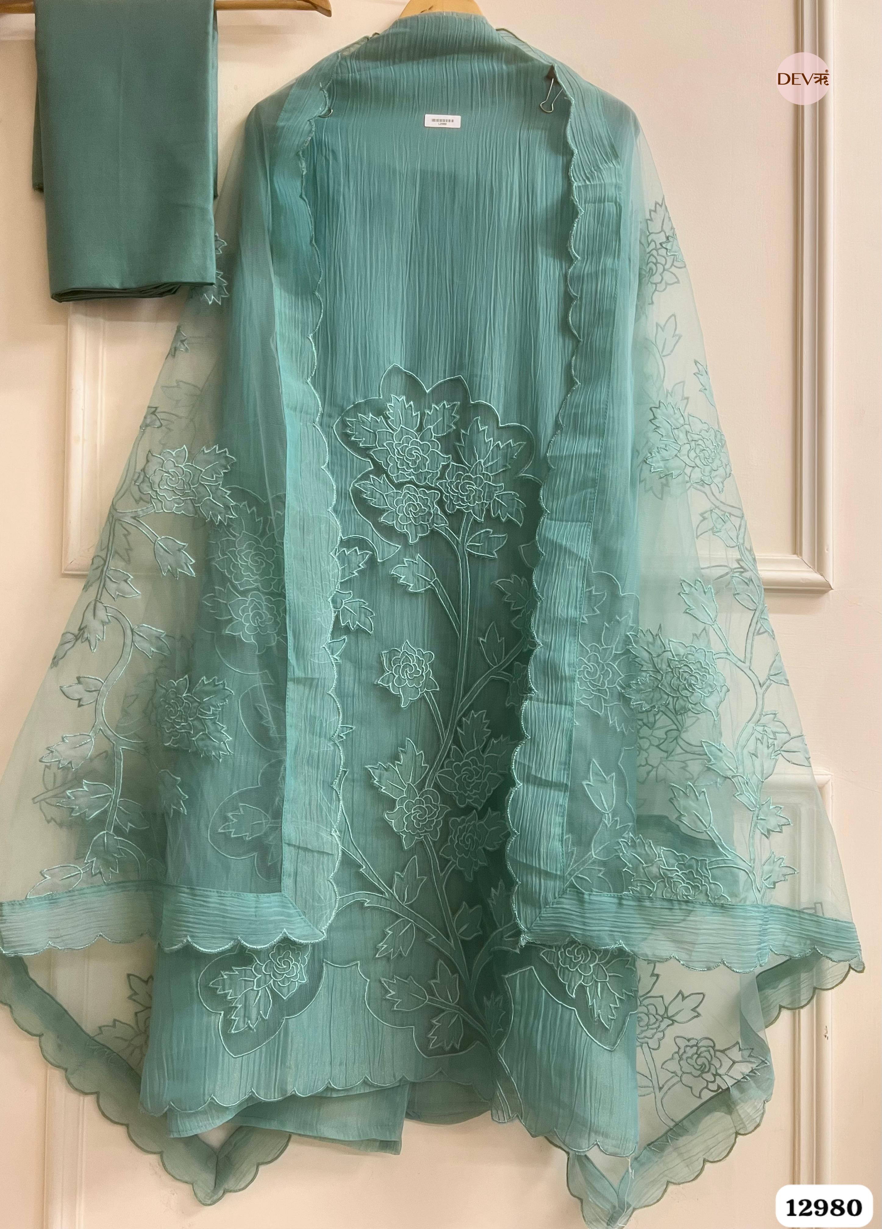Sea Green Tissue Crush Embroidered Unstitched 3-Piece Suit (Devri – D.No 12980)