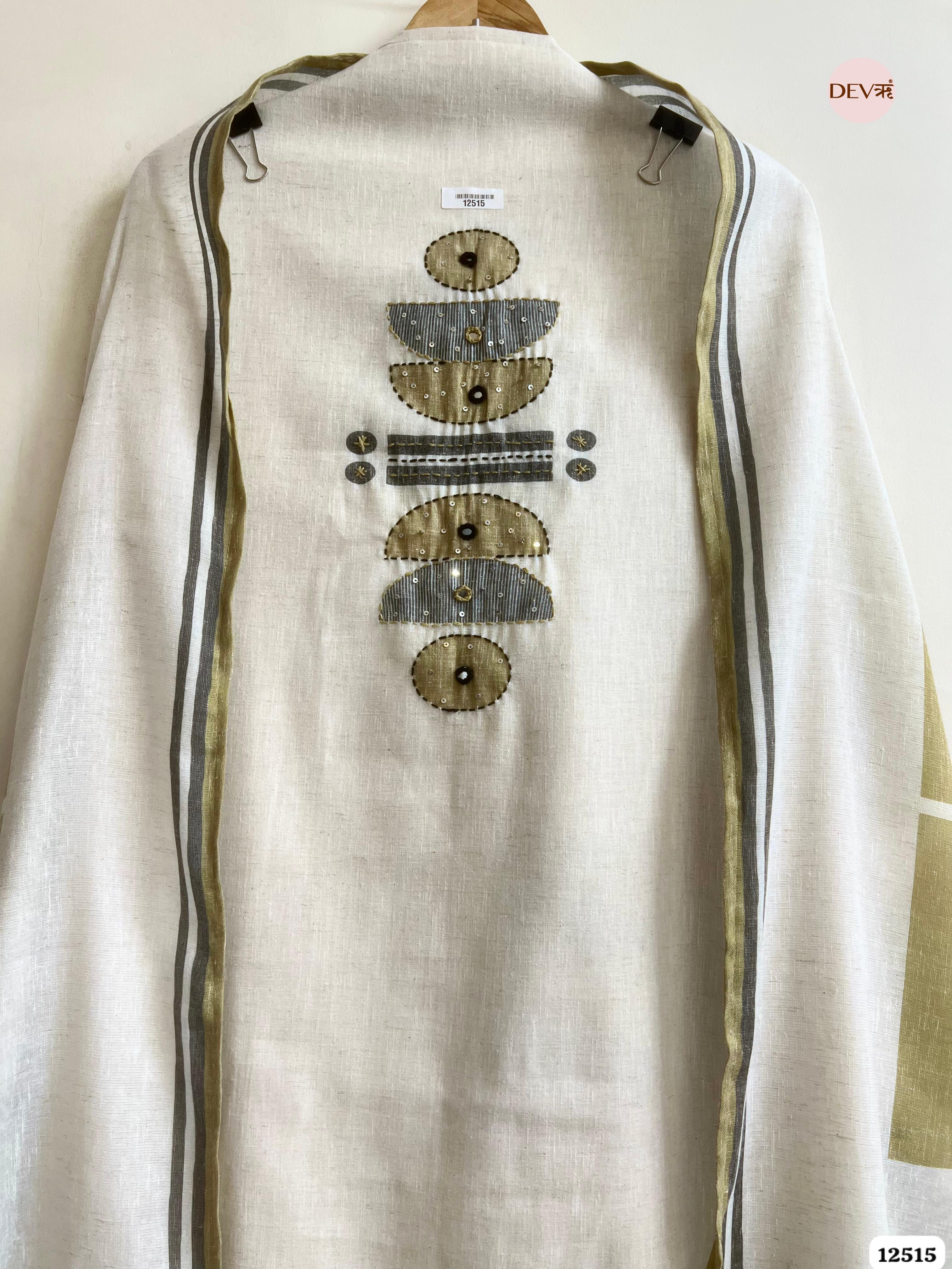 Ivory & Olive Linen Cotton Printed Unstitched 3-Piece Suit (Devri – D.No 12515)
