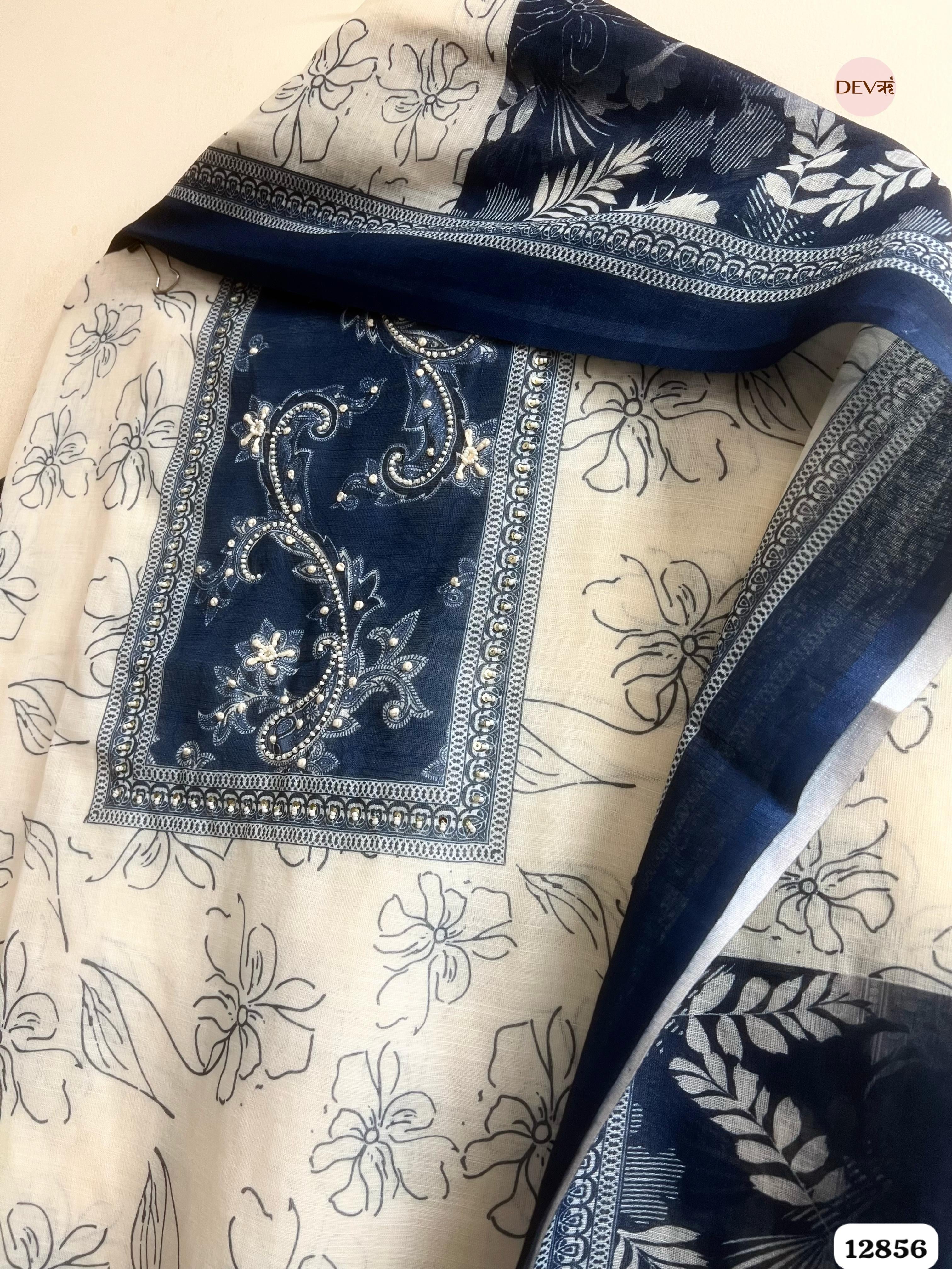 Cream Linen Cotton Printed Unstitched 3-Piece Suit (Devri – D.No 12856)