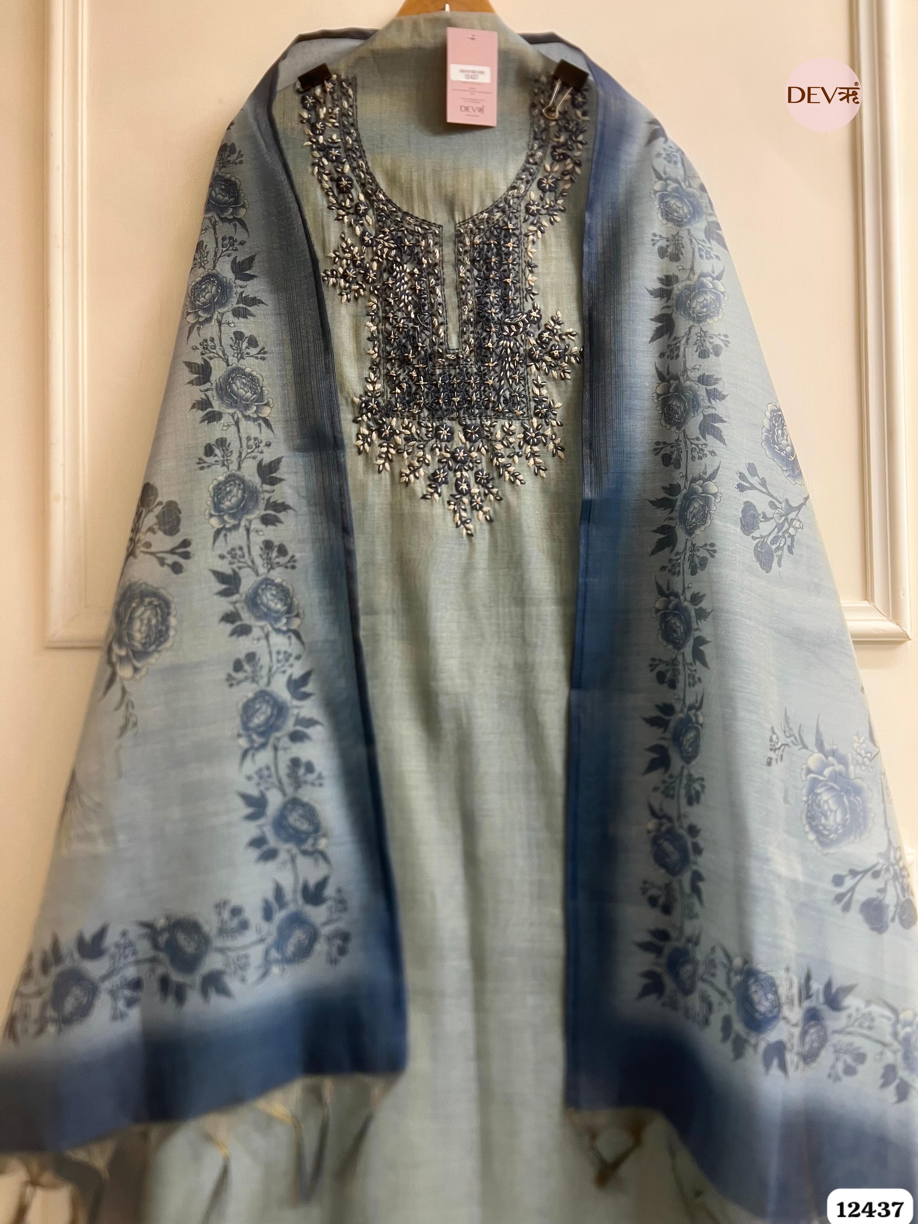 Powder Blue Pure Linen Tissue Embroidered Unstitched 3-Piece Suit (Devri – D.No . 12437)