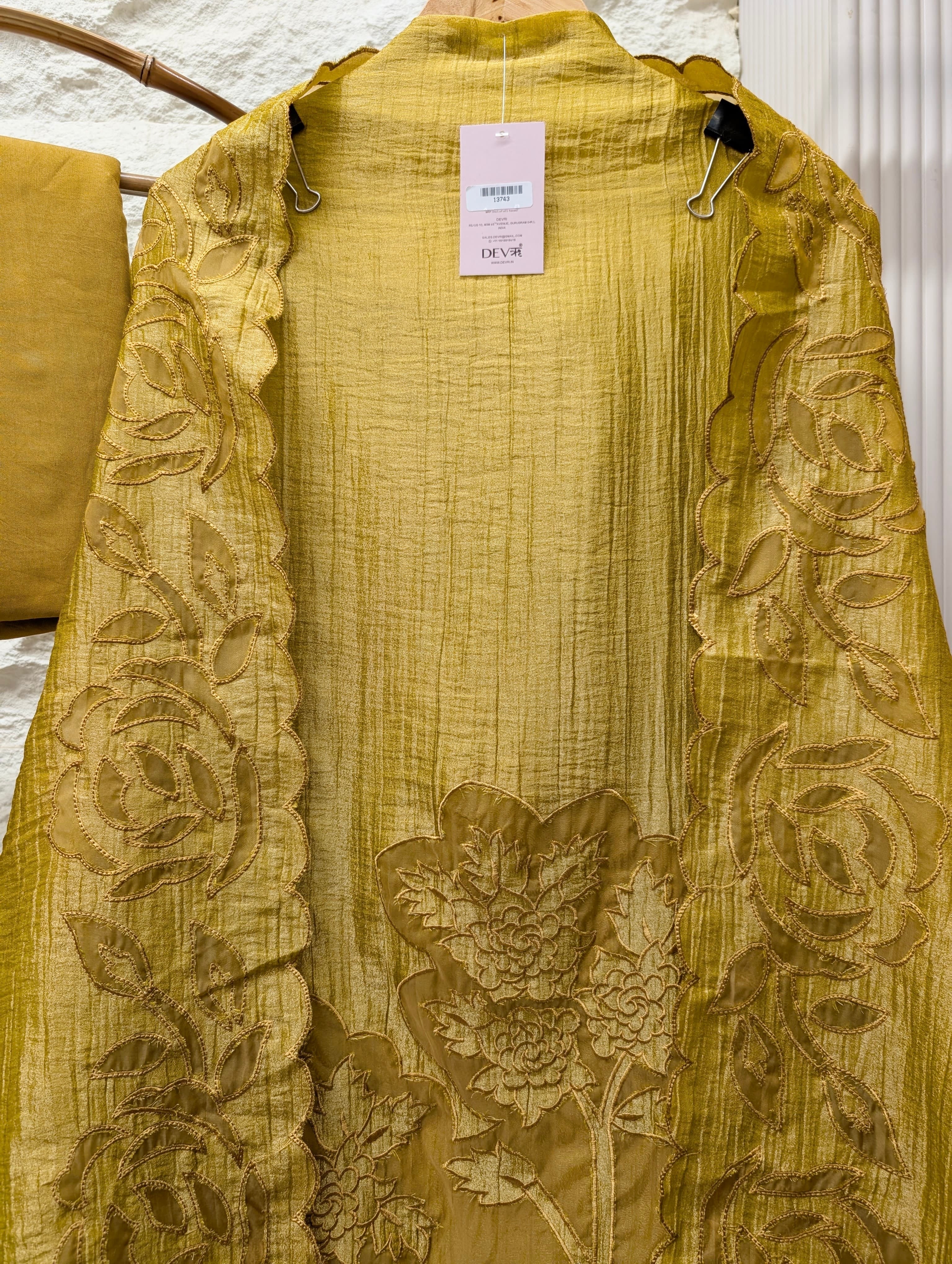 Mustard Tissue Crush Silk Embroidered Unstitched 3-Piece Suit (Devri – D.No 13743)