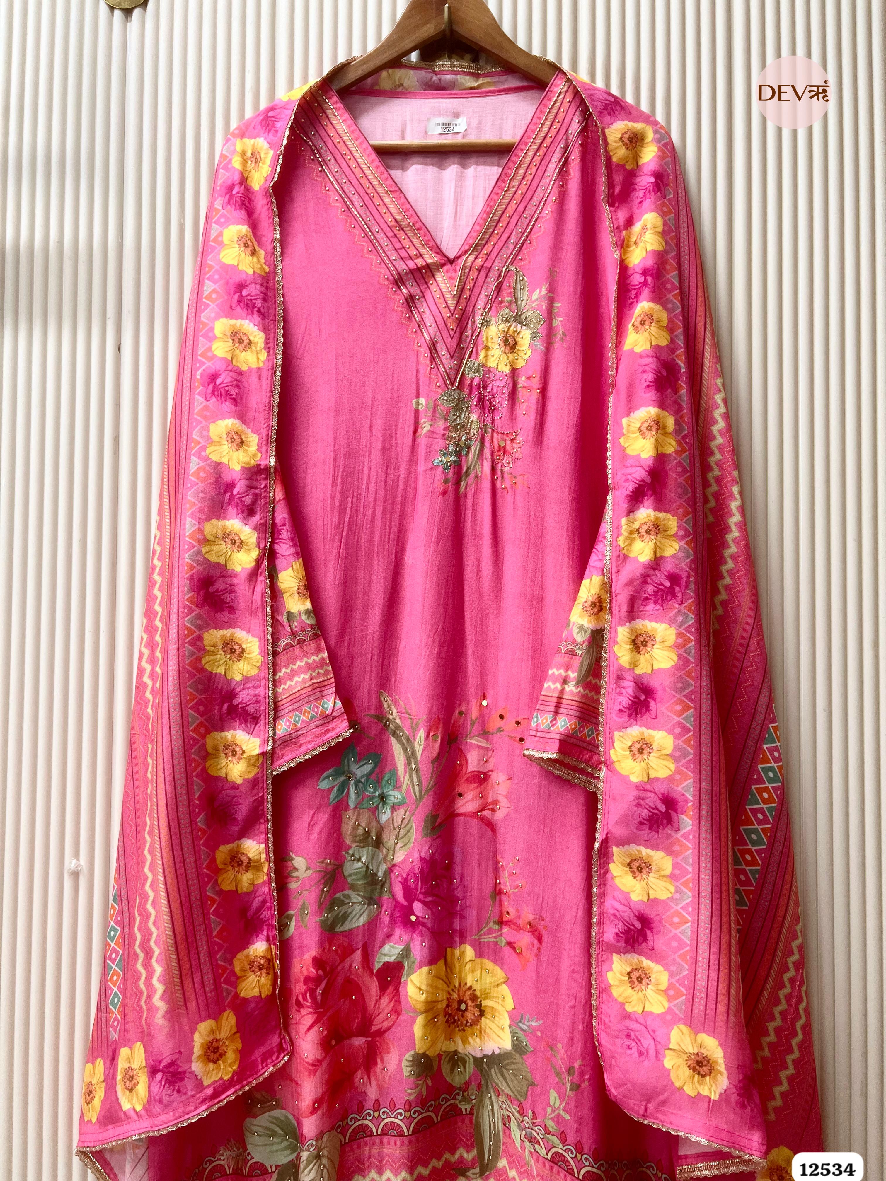 Deep Pink Muslin Printed Unstitched 3-Piece Suit (Devri – D.No . 12534)
