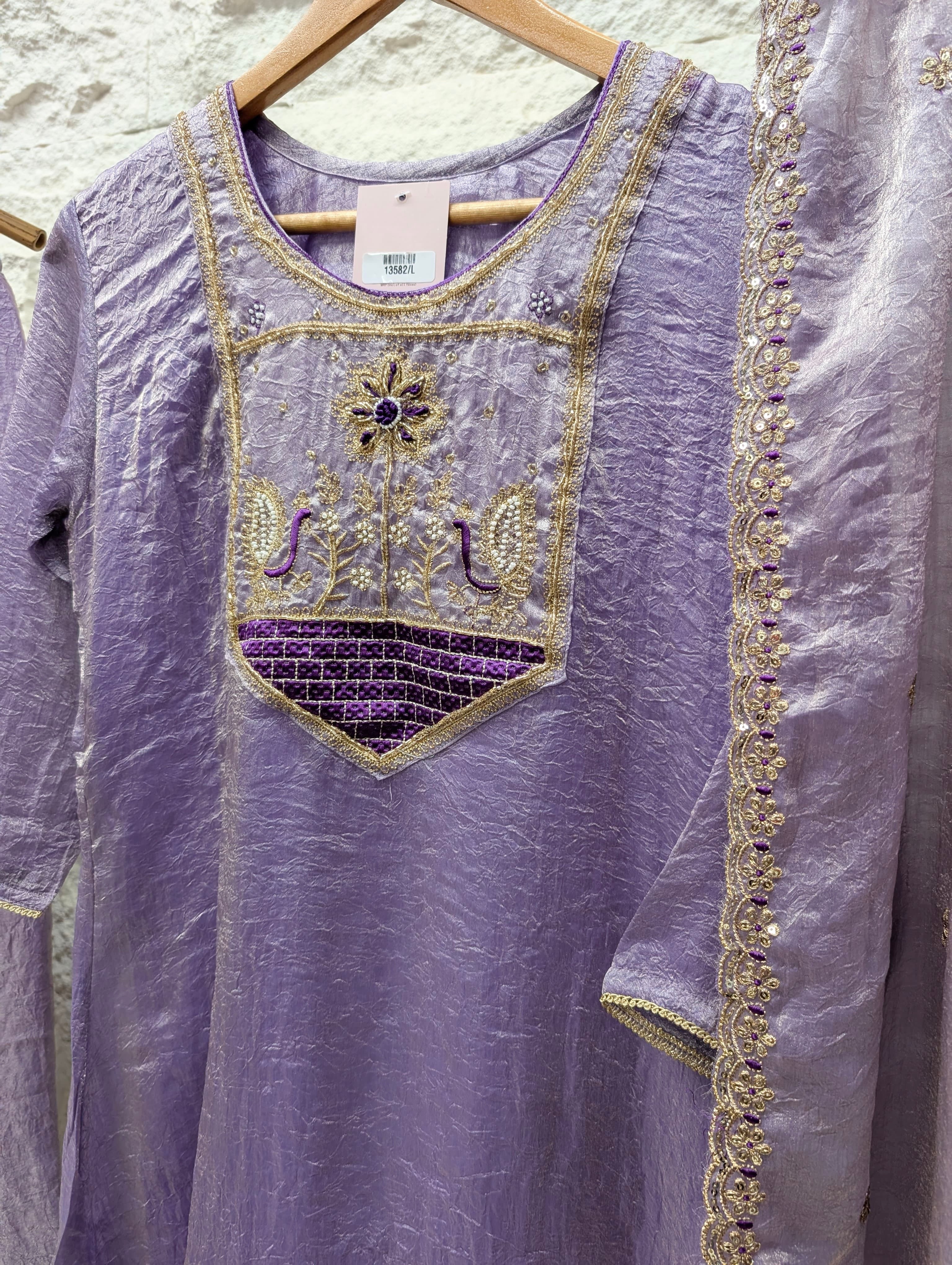 Meher Tissue Silk Embroidered Lavender 3-Piece Set (Devri – D.No 13582)
