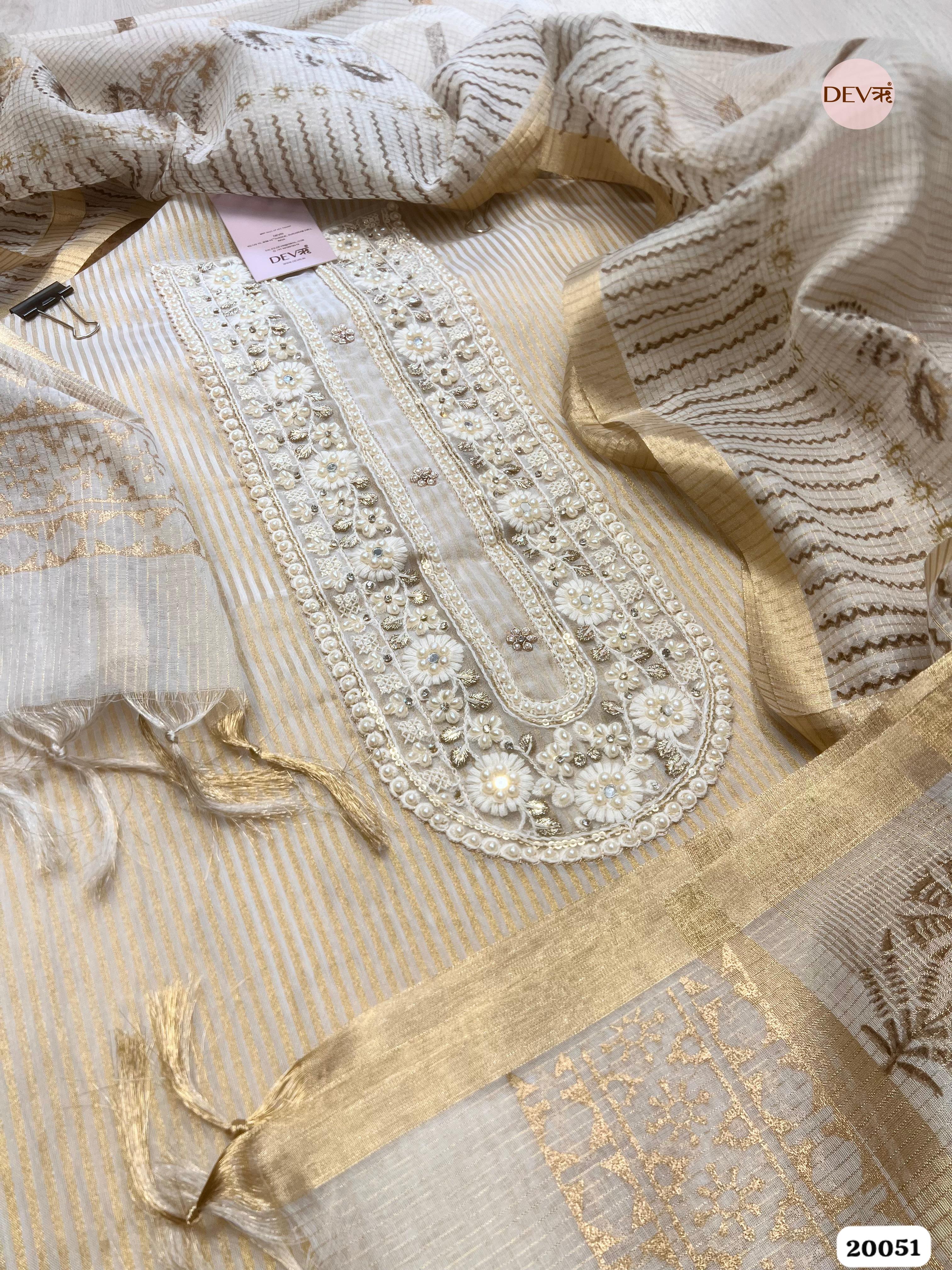 Ivory Tissue Silk Embroidered Unstitched 3-Piece Suit (Devri – D.No. 20051)