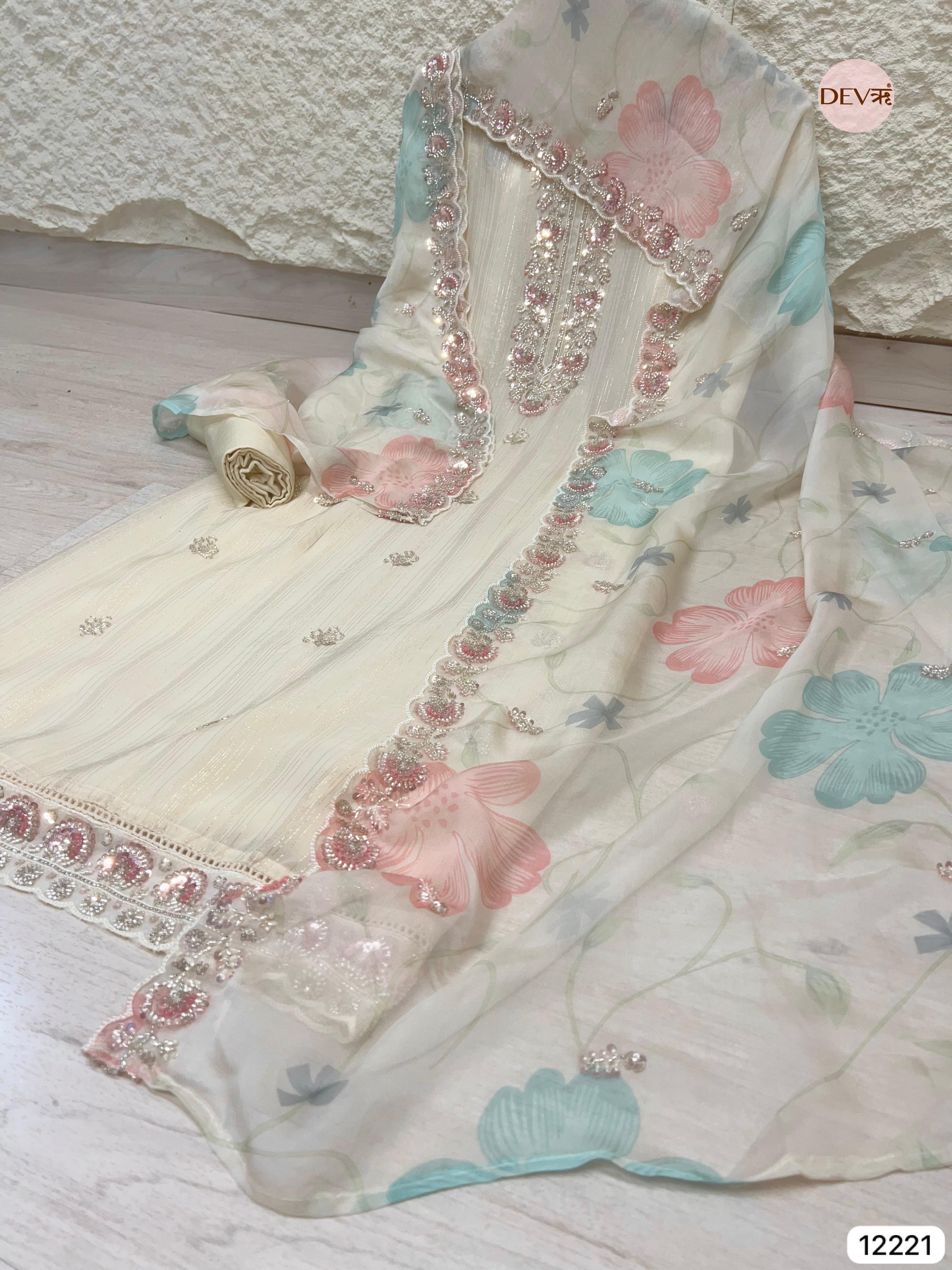 Ivory Pure Organza Hand-Embroidered Unstitched 3-Piece Suit (Devri – D.No 12221)