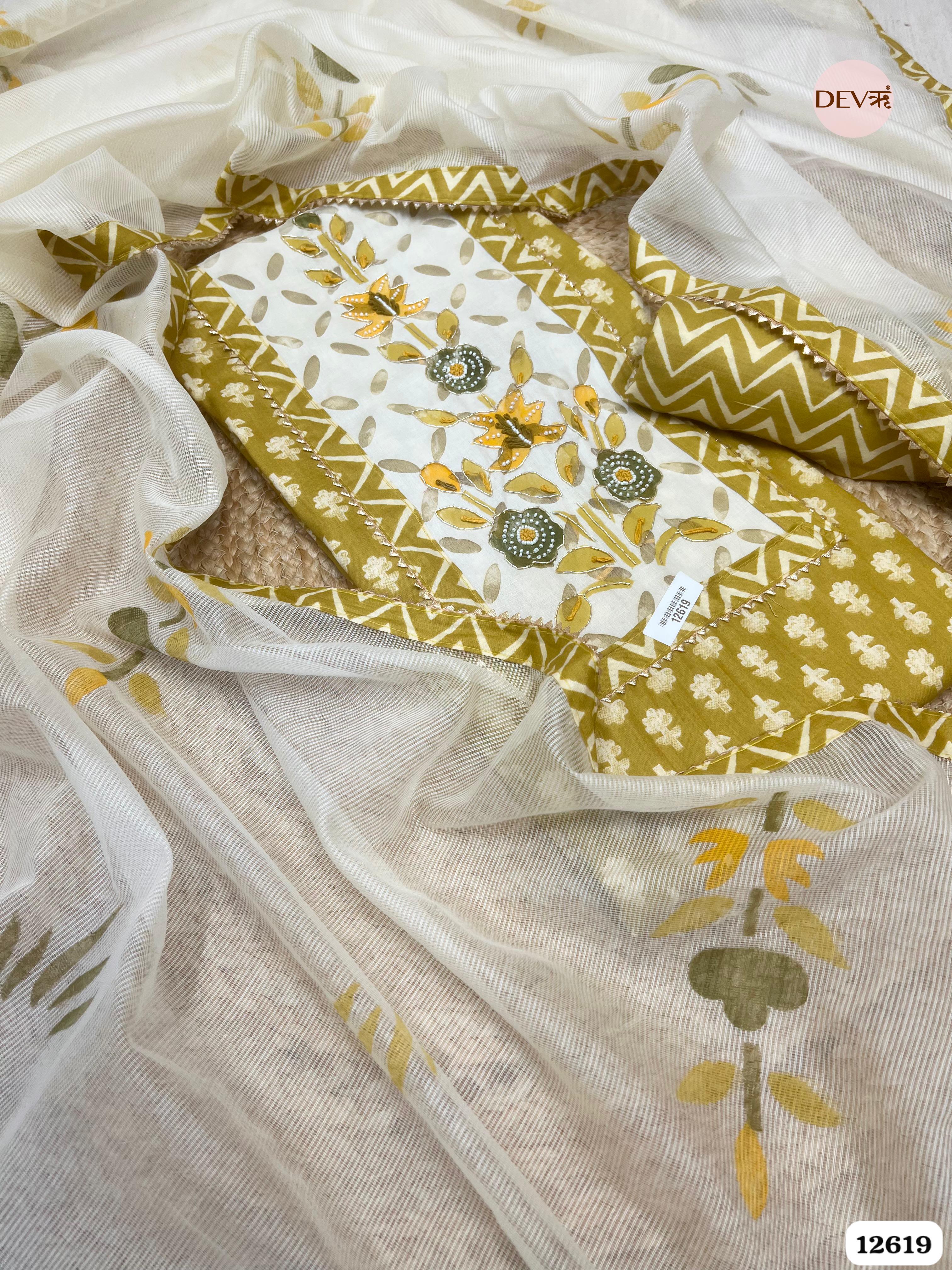 Mustard & White Cotton Printed Unstitched 3-Piece Suit (Devri – D.No 12619)