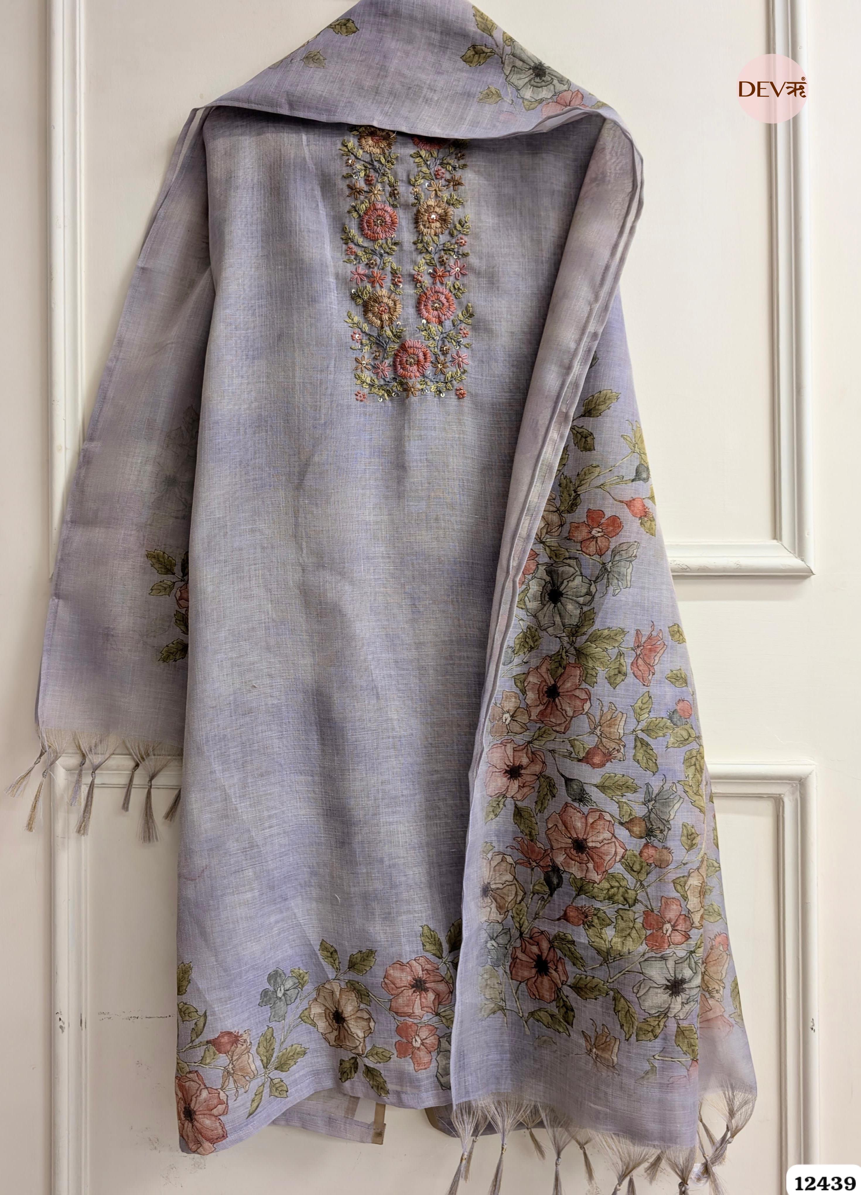 Lavender Linen Embroidered Unstitched 3-Piece Suit (Devri – D.No.12439)