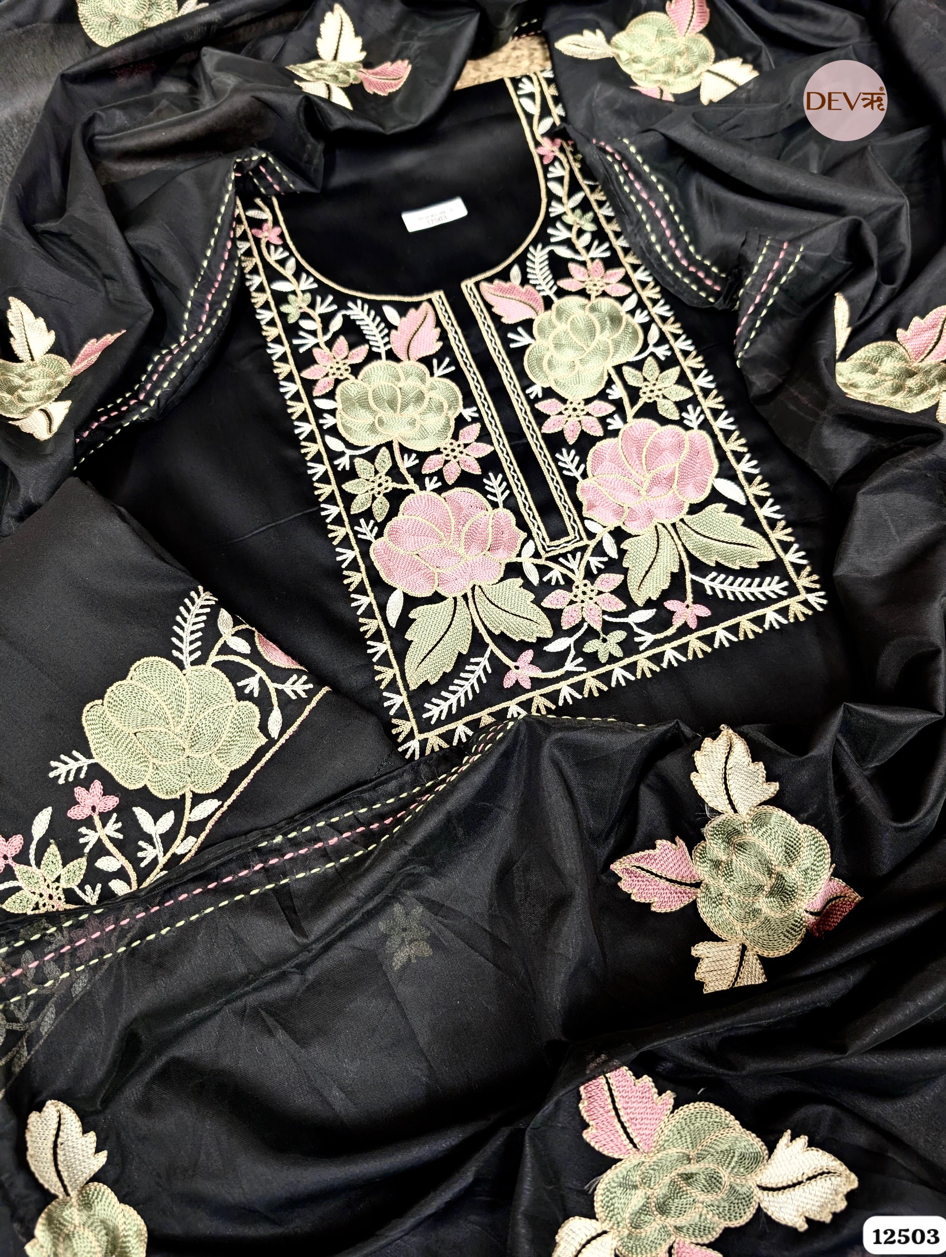Black Cotton Embroidered Unstitched 3-Piece Suit (Devri – D.No. 12503)