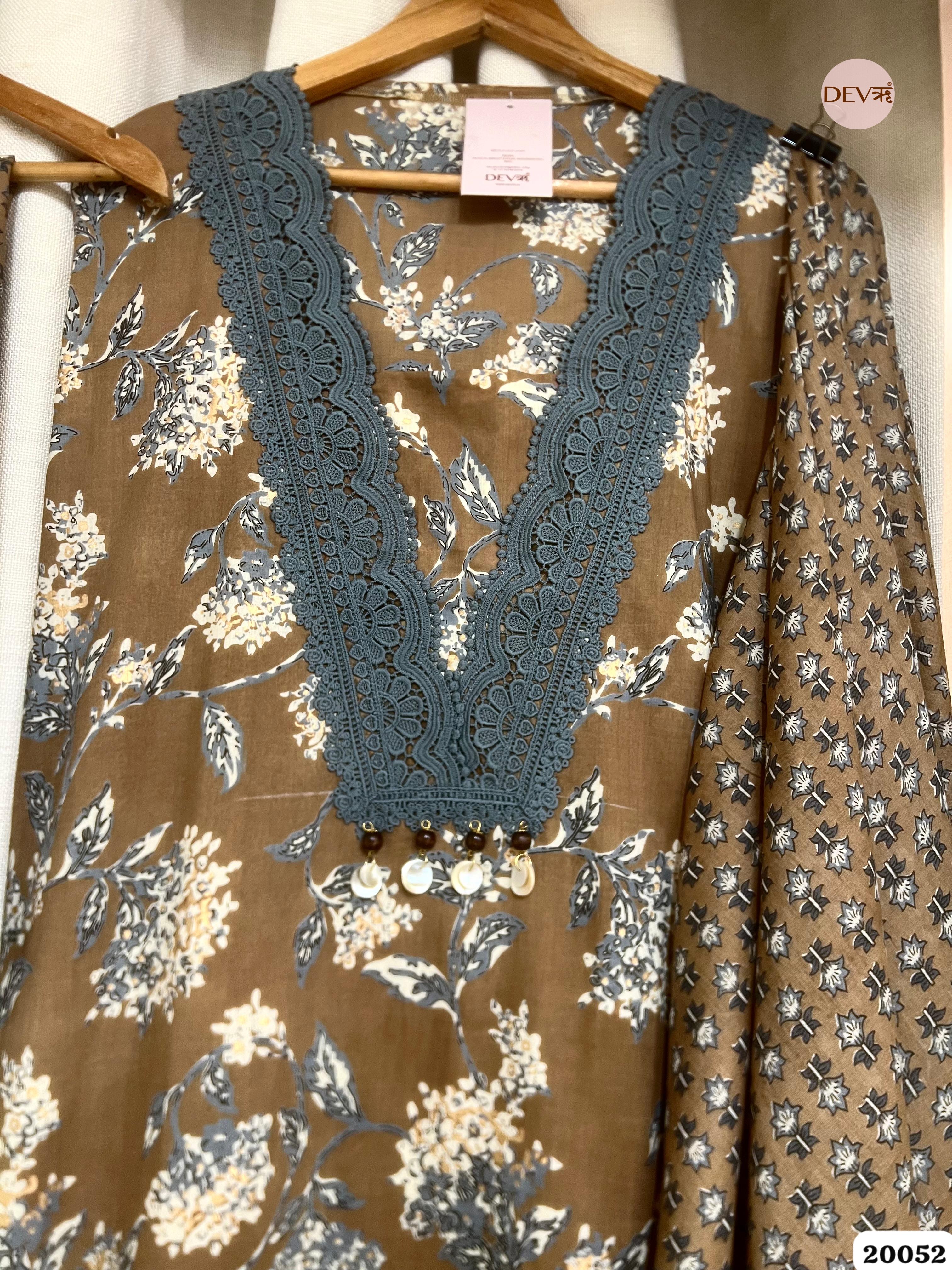 Olive Brown Pure Cotton Printed Unstitched 3-Piece Suit (Devri – D.No. 20052)