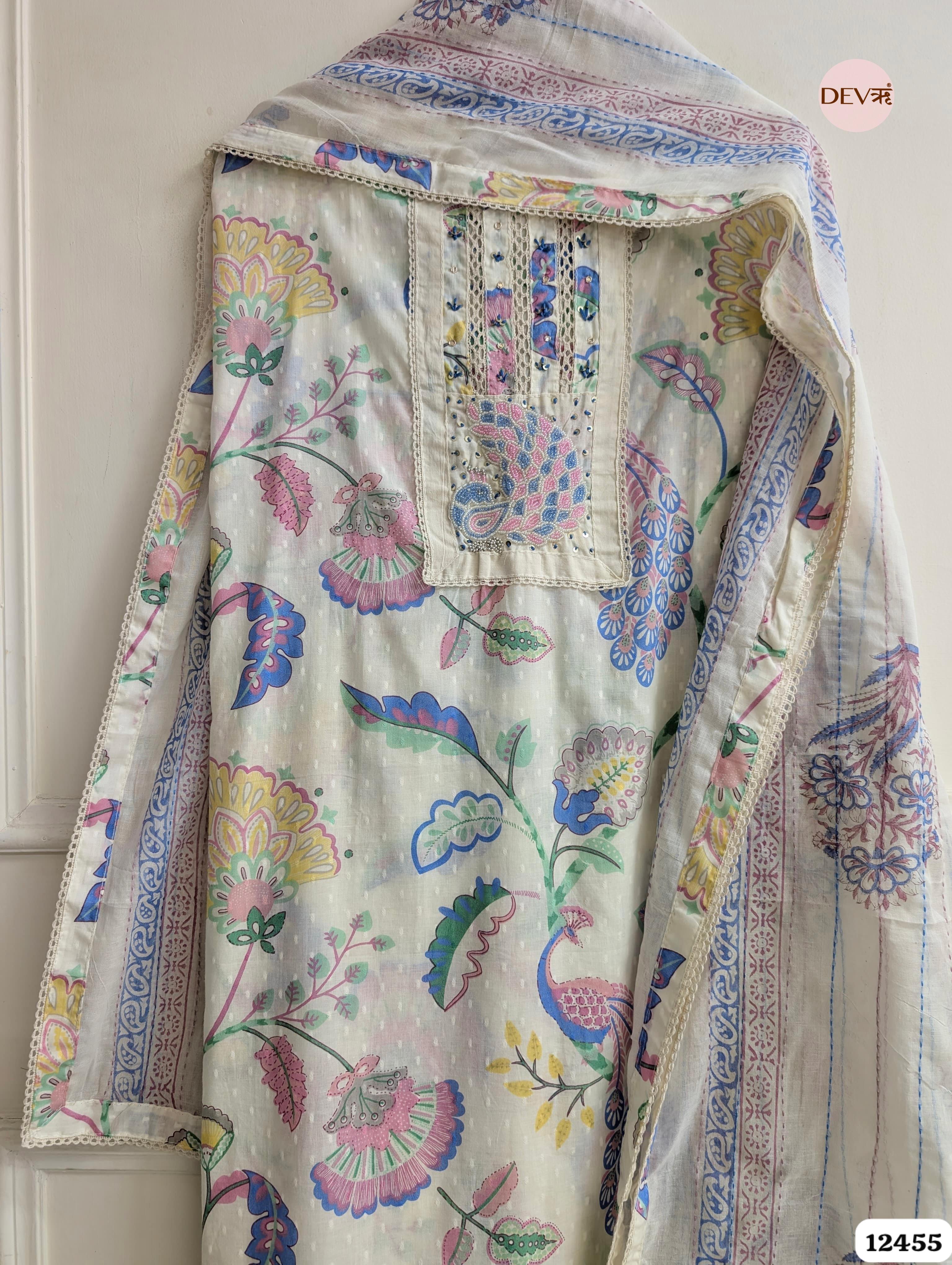 Cream & Blue Pure Cotton Printed Unstitched 3-Piece Suit (Devri – D.No. 12455)