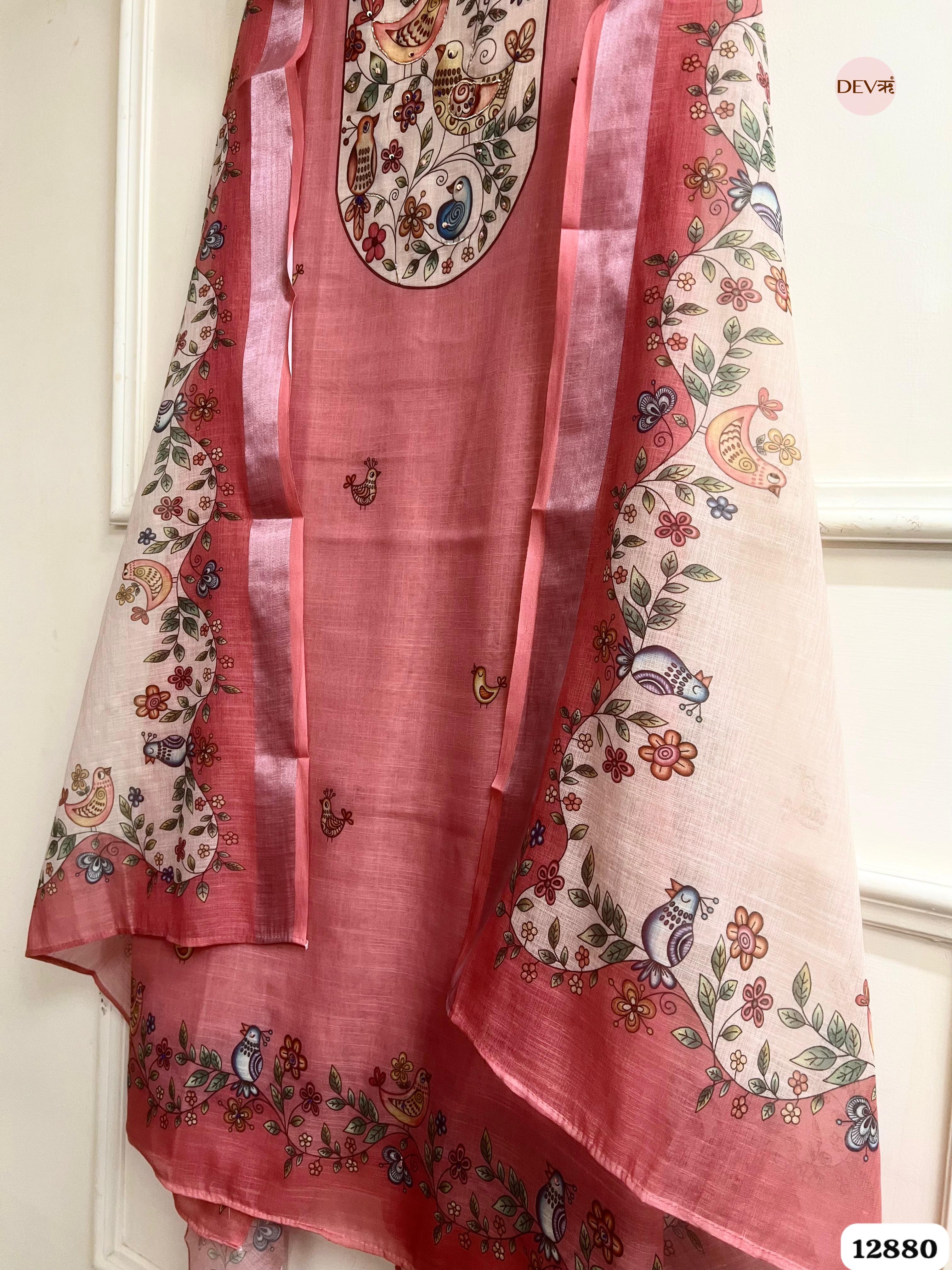 Pink Linen Cotton Printed Unstitched 3-Piece Suit (Devri – D.No 12880)