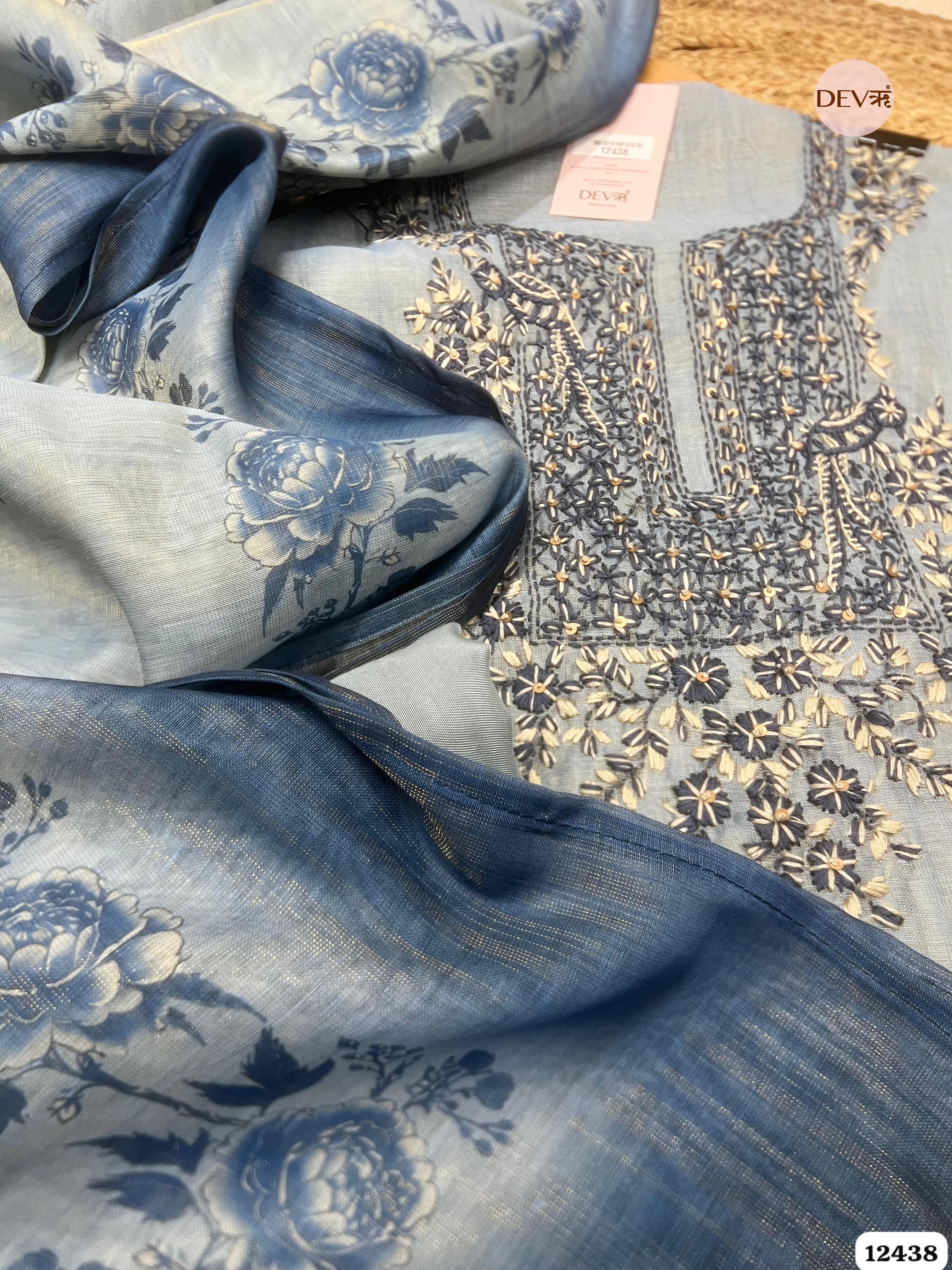 Dusty Blue Pure Linen Tissue Embroidered Unstitched 3-Piece Suit (Devri – D.No. 12438)