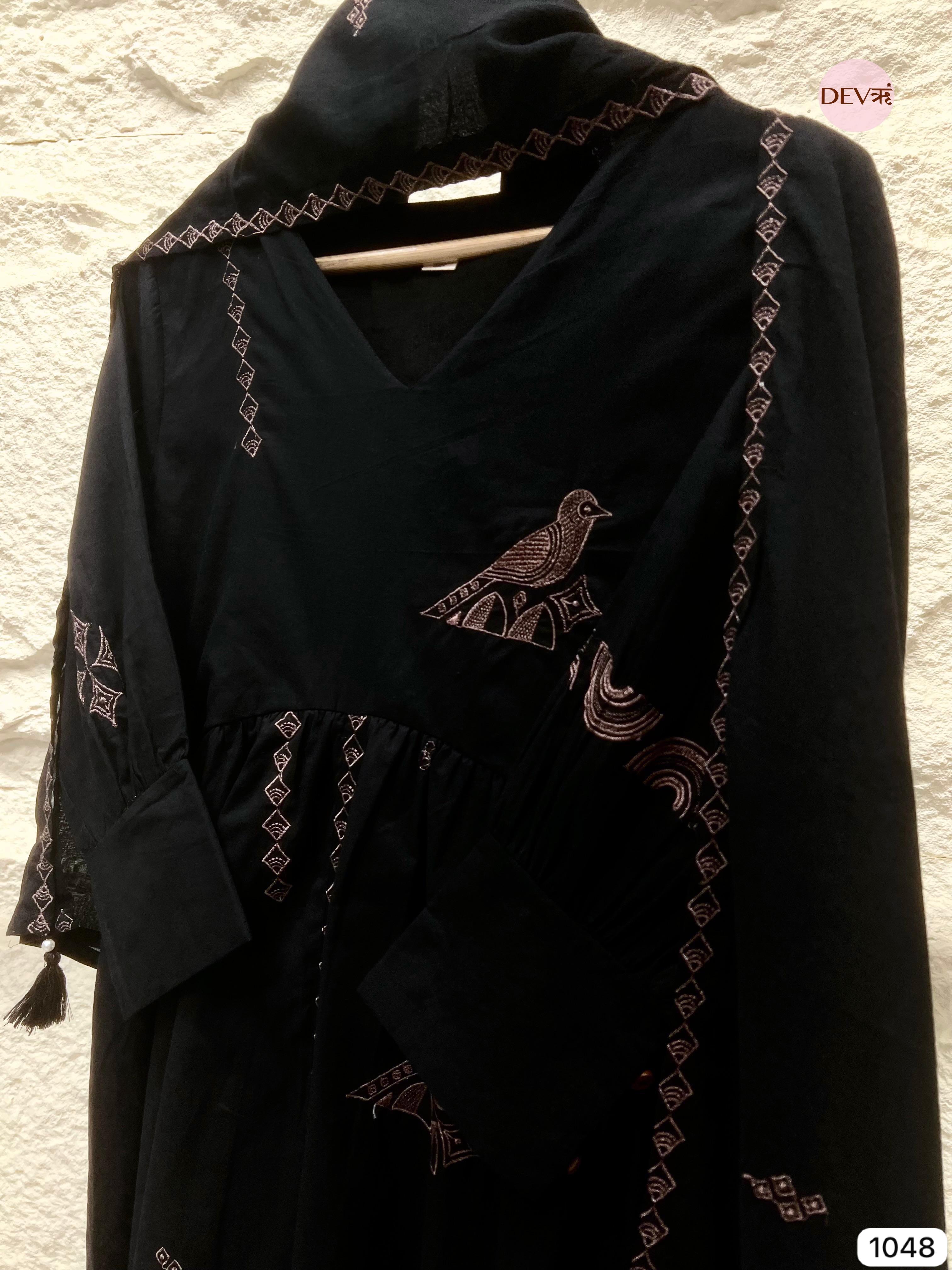 Elegant black stitched kurta set of 3 {1048}