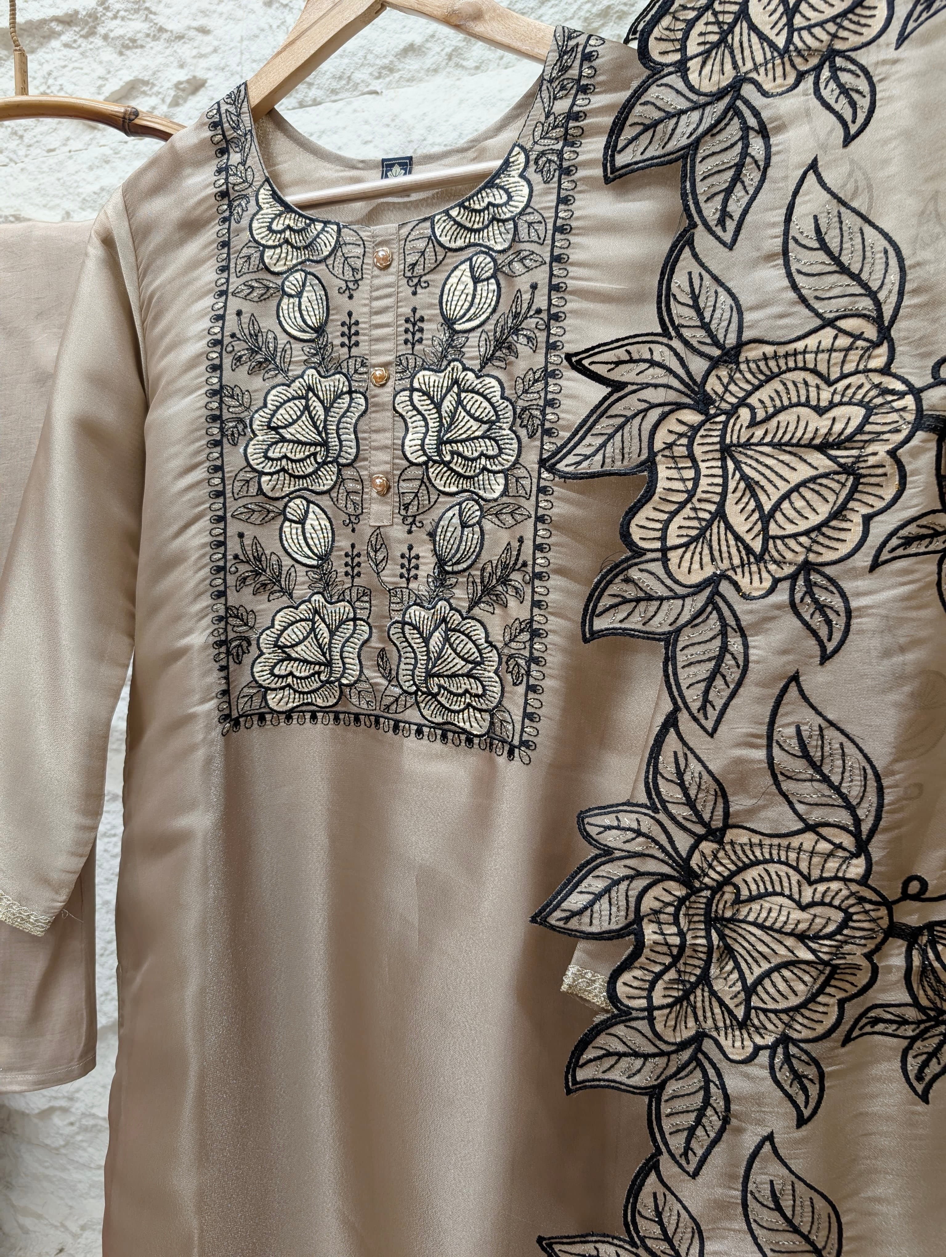 Gulnaar Tissue silk Embroidered Beige 3-Piece Set (Devri – D.No 21193)