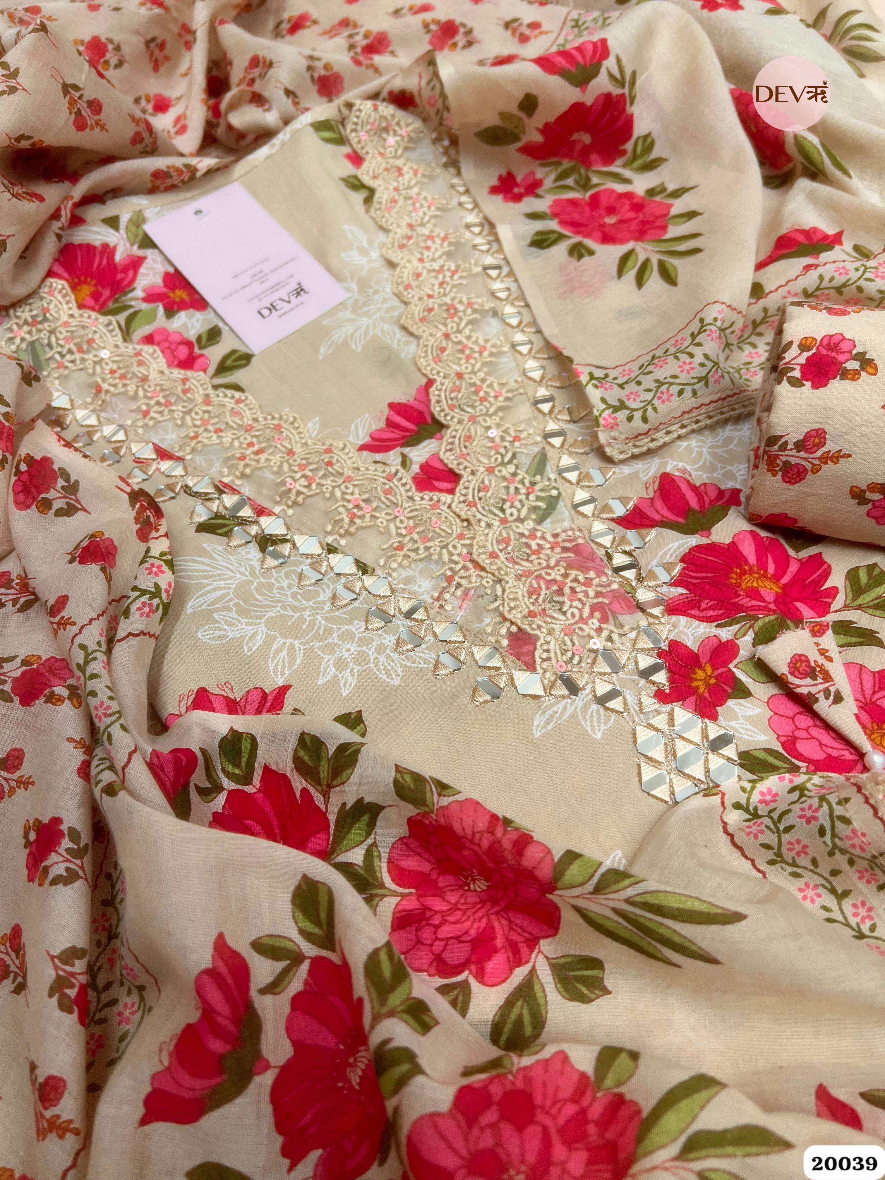 Beige Pure Cotton Printed Unstitched 3-Piece Suit (Devri – D.No. 20039)