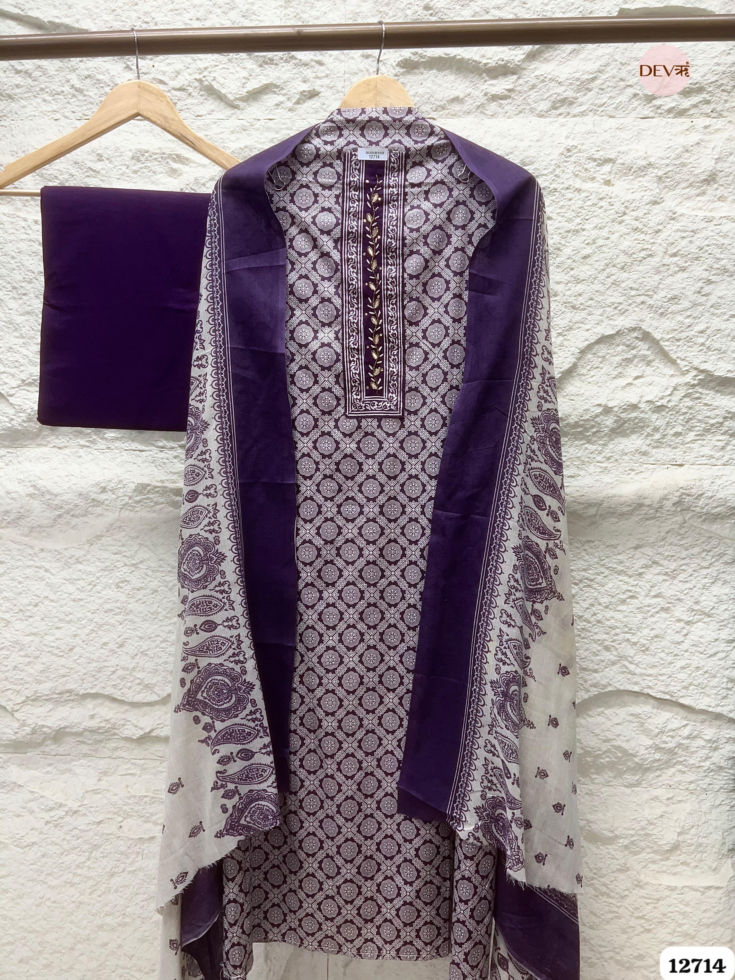 Deep Purple Cotton Printed Unstitched 3-Piece Suit (Devri – D.No 12714)